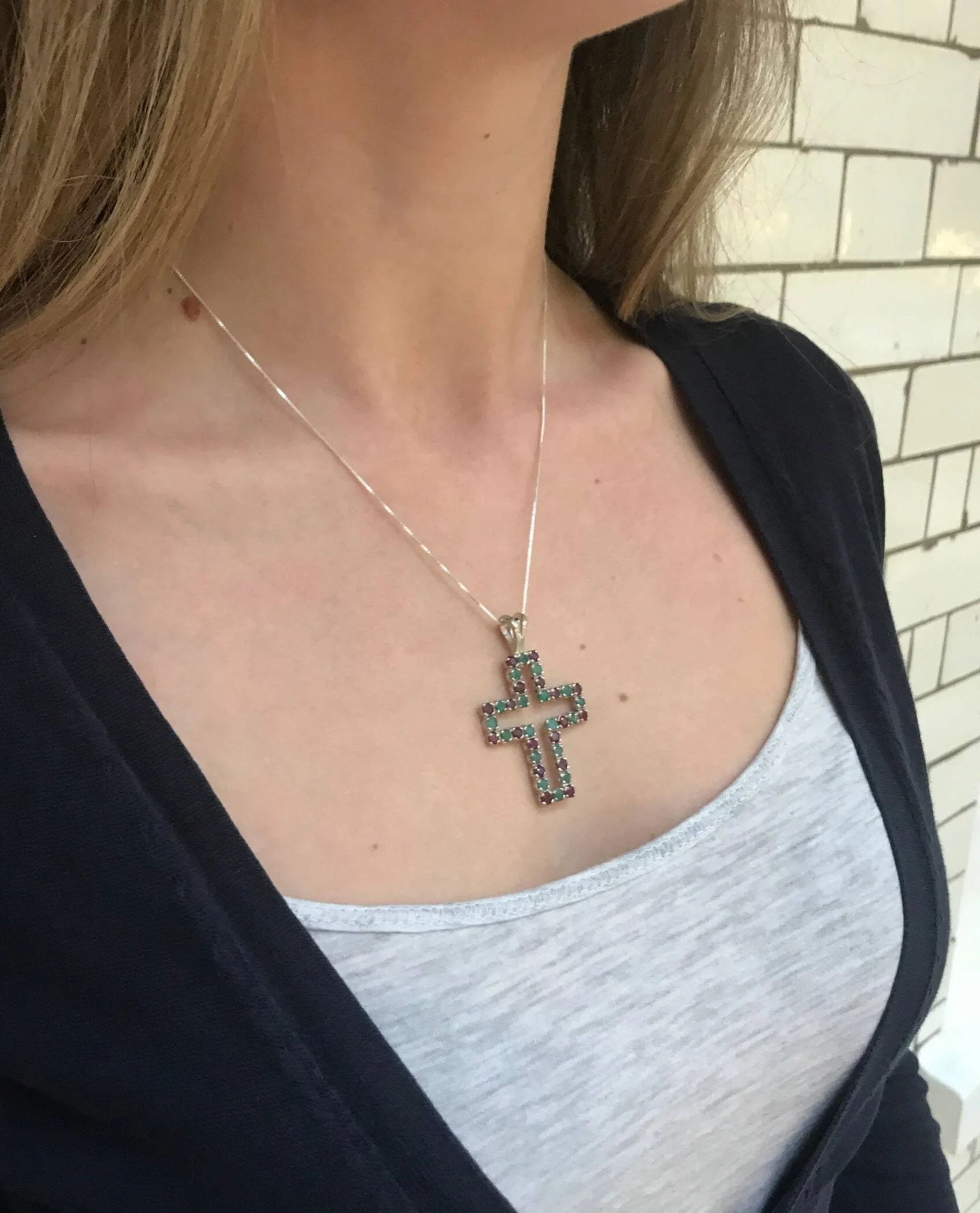 Large Emerald Cross Necklace - Real Ruby and Sapphire Pendant - Multistone Cross Necklace