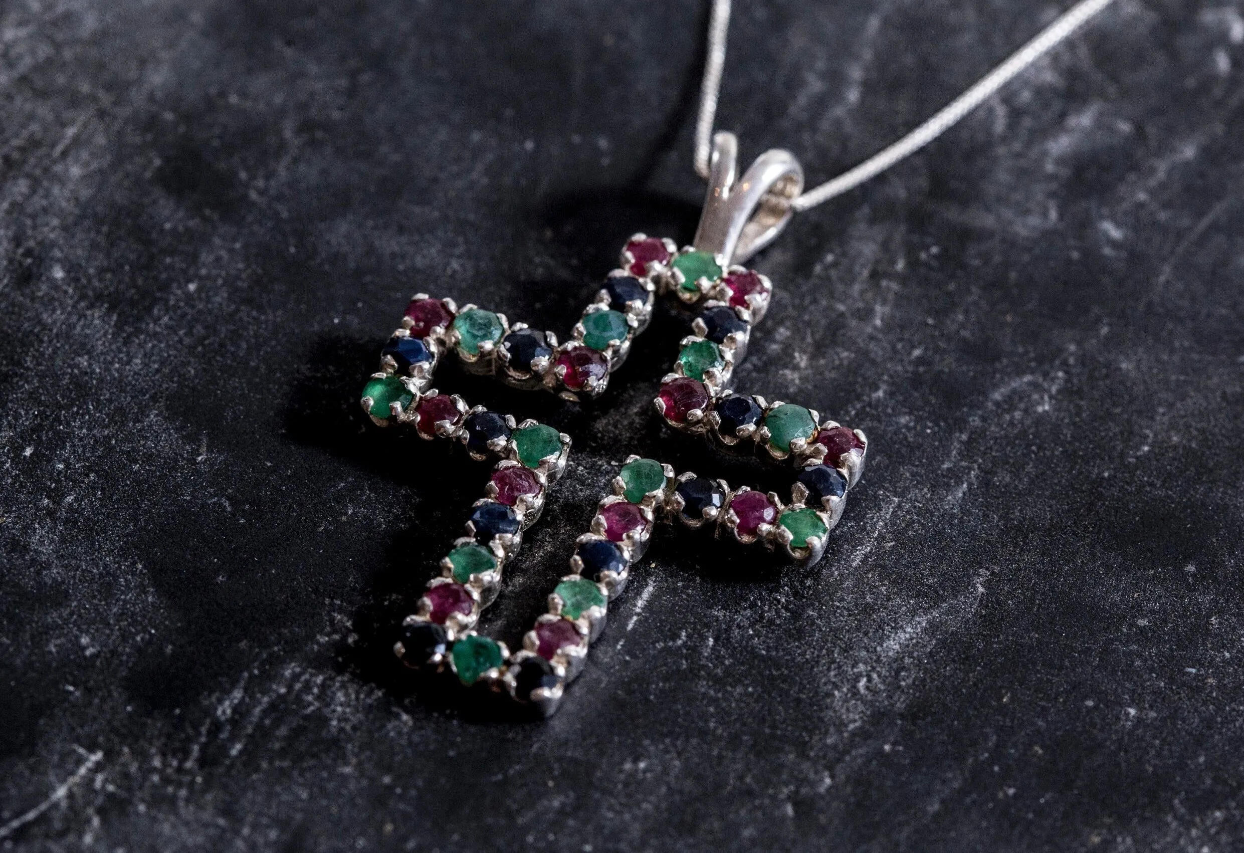 Large Emerald Cross Necklace - Real Ruby and Sapphire Pendant - Multistone Cross Necklace