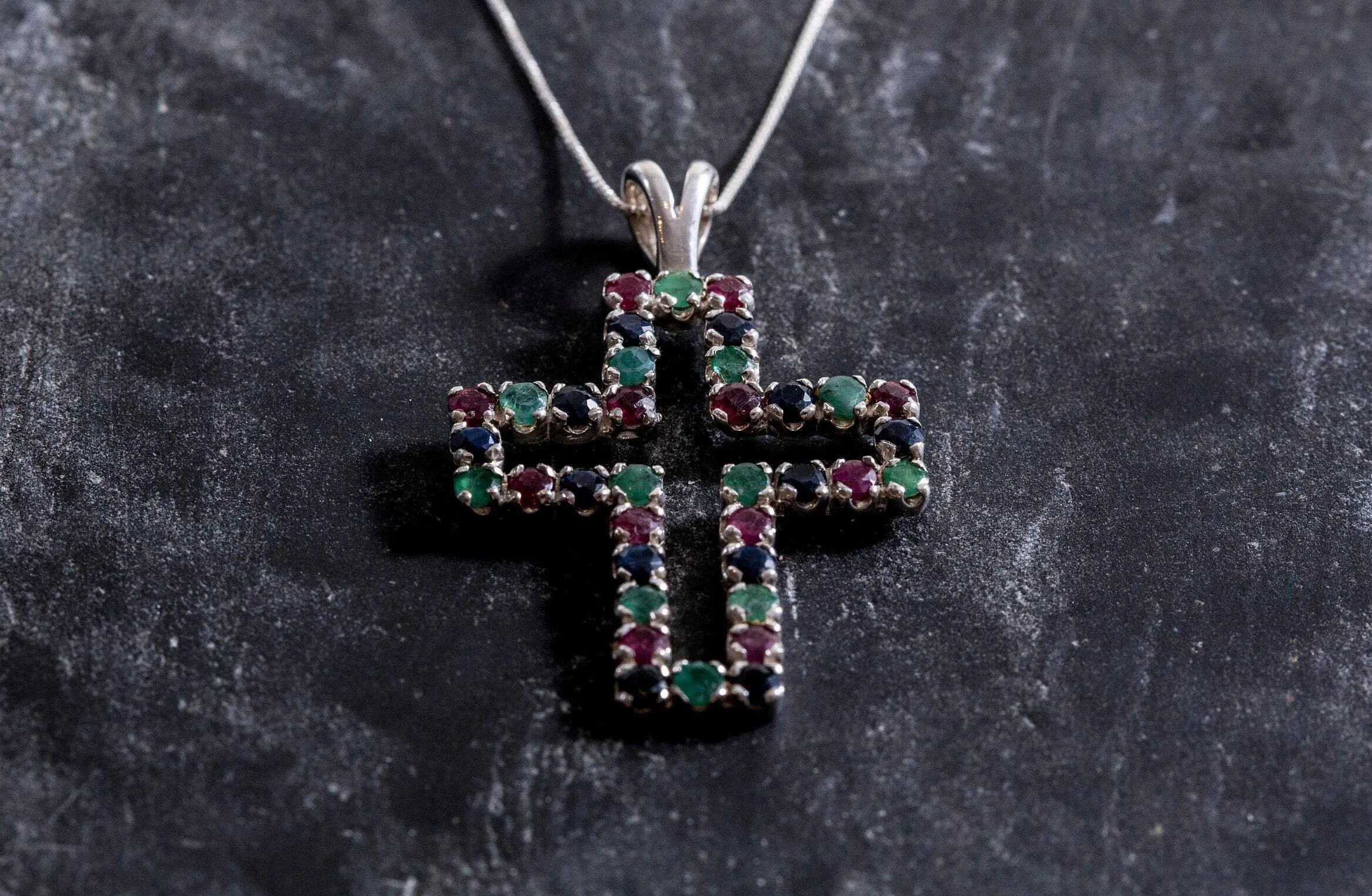 Large Emerald Cross Necklace - Real Ruby and Sapphire Pendant - Multistone Cross Necklace