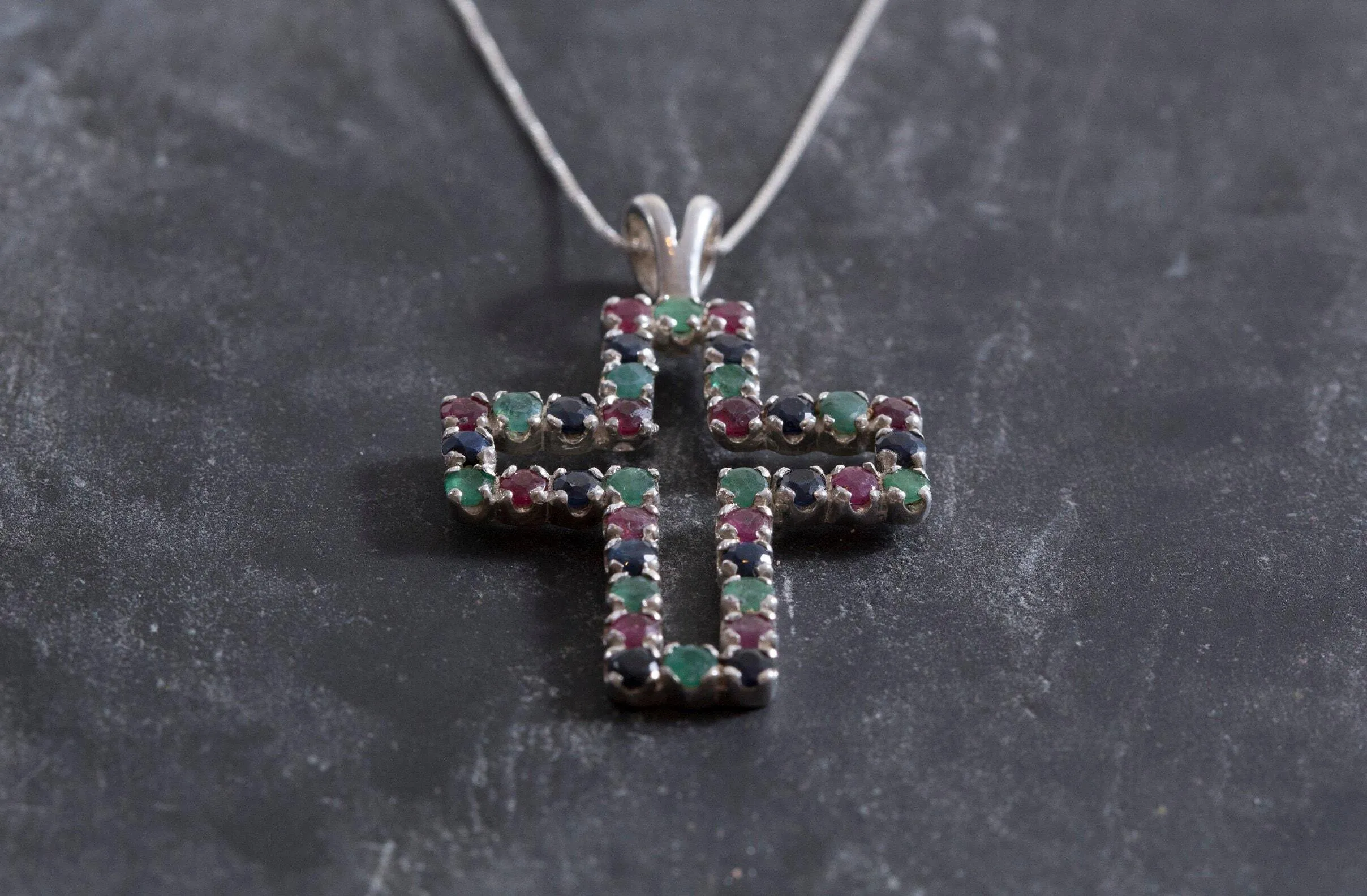 Large Emerald Cross Necklace - Real Ruby and Sapphire Pendant - Multistone Cross Necklace