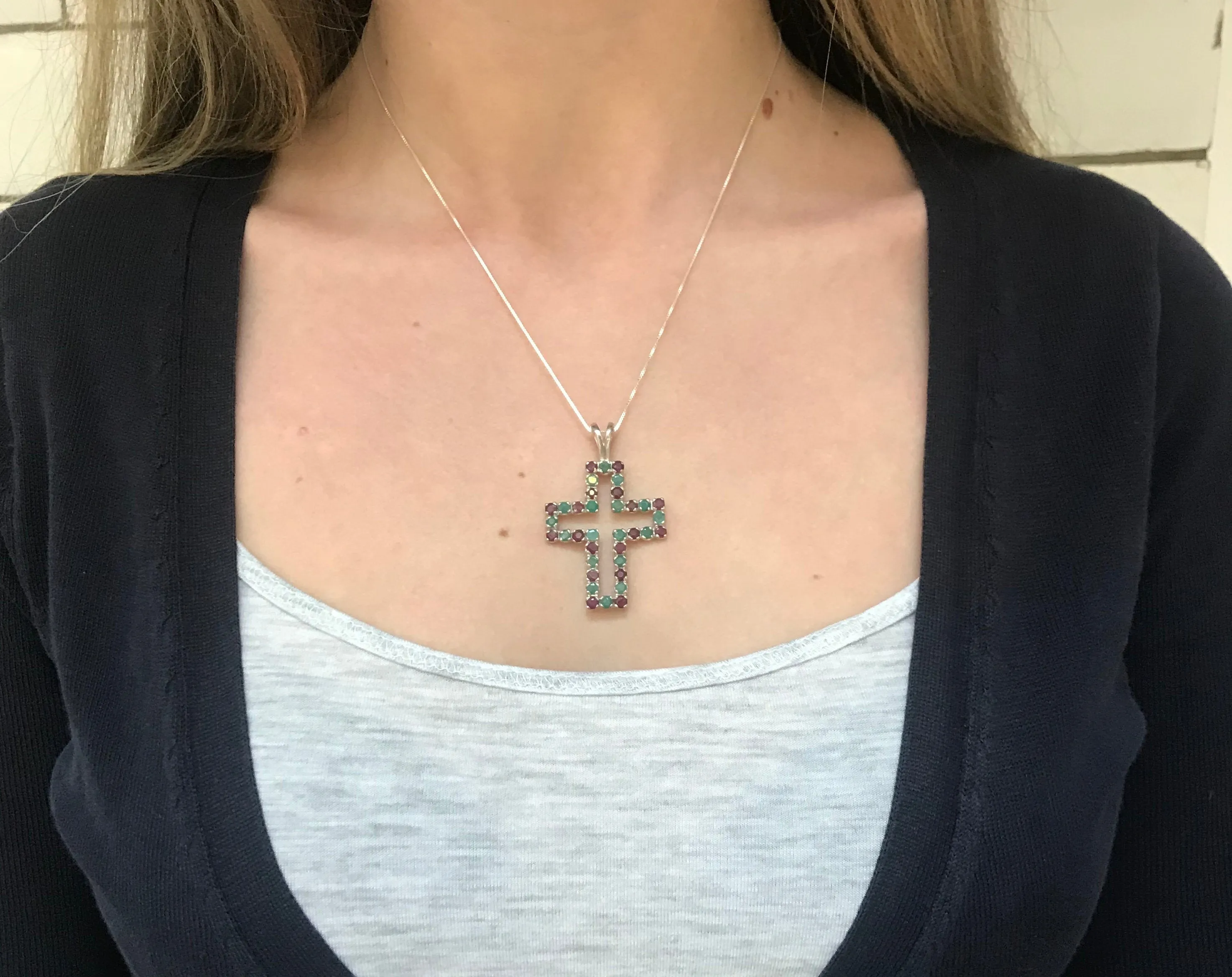 Large Emerald Cross Necklace - Real Ruby and Sapphire Pendant - Multistone Cross Necklace