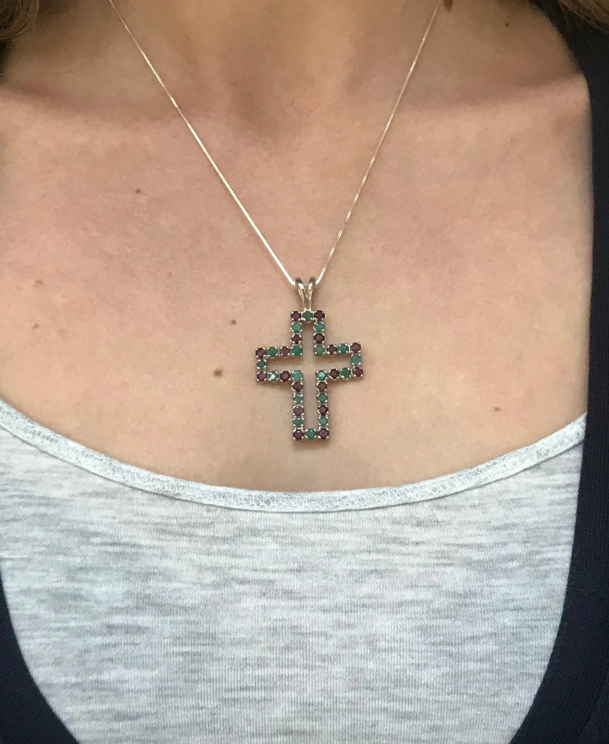 Large Emerald Cross Necklace - Real Ruby and Sapphire Pendant - Multistone Cross Necklace