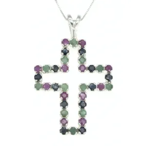 Large Emerald Cross Necklace - Real Ruby and Sapphire Pendant - Multistone Cross Necklace