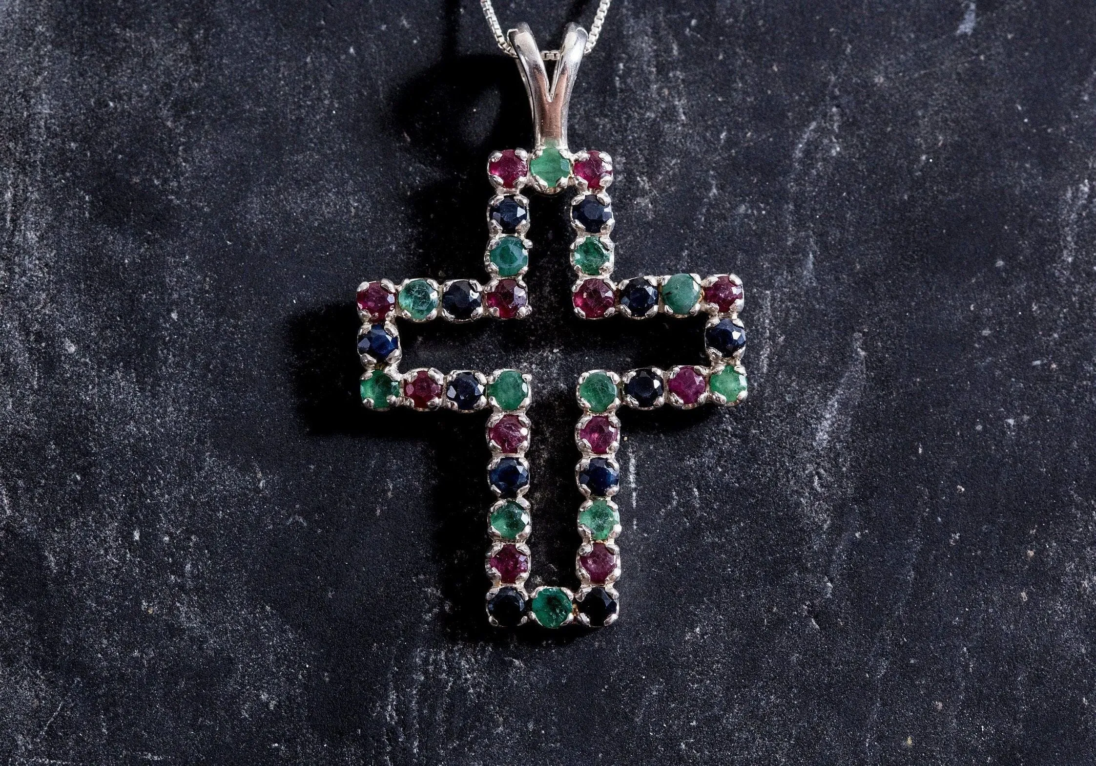 Large Emerald Cross Necklace - Real Ruby and Sapphire Pendant - Multistone Cross Necklace