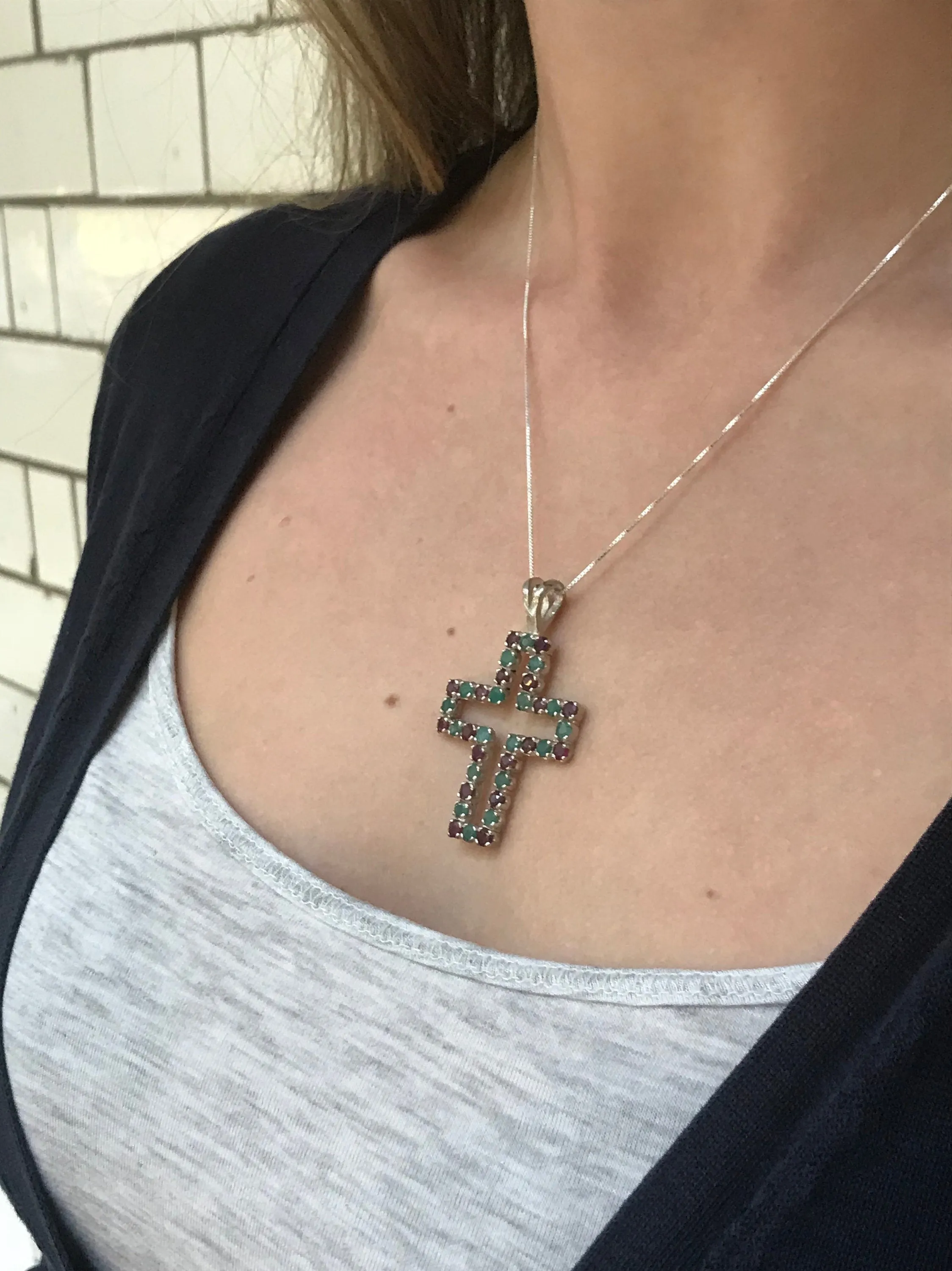 Large Emerald Cross Necklace - Real Ruby and Sapphire Pendant - Multistone Cross Necklace