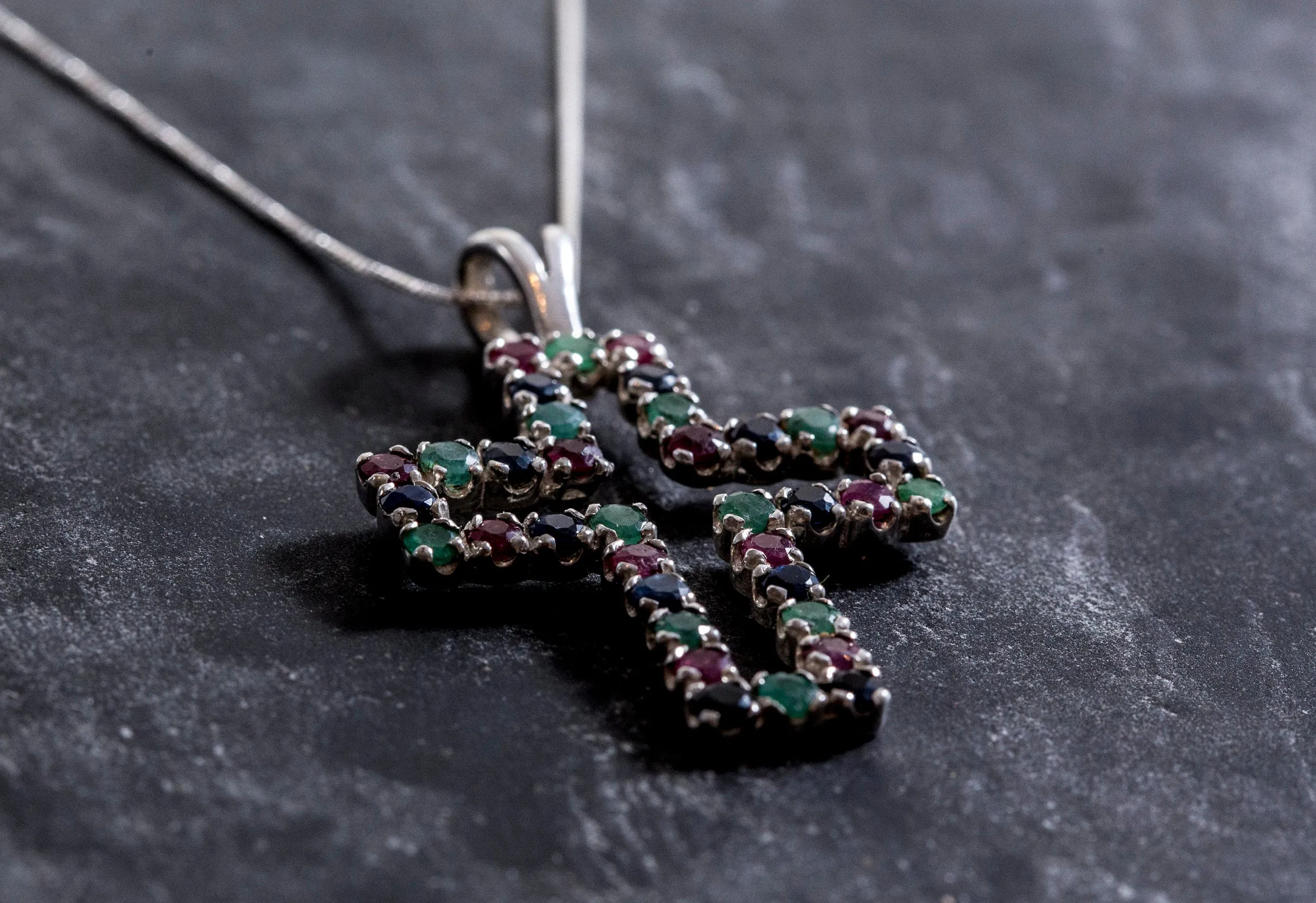 Large Emerald Cross Necklace - Real Ruby and Sapphire Pendant - Multistone Cross Necklace