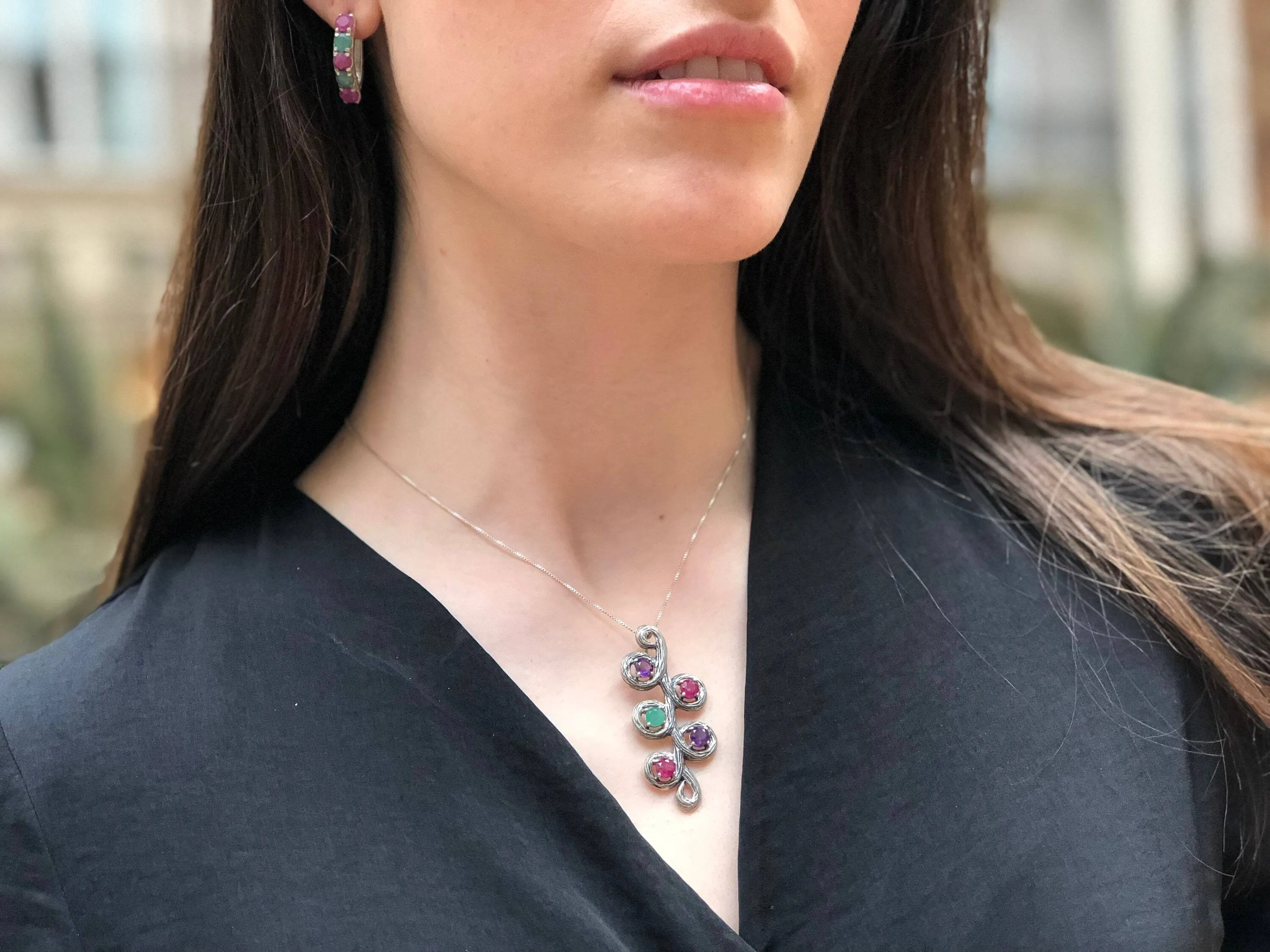 Large Emerald Necklace - Real Sapphire Pendant - Branch Statement Necklace