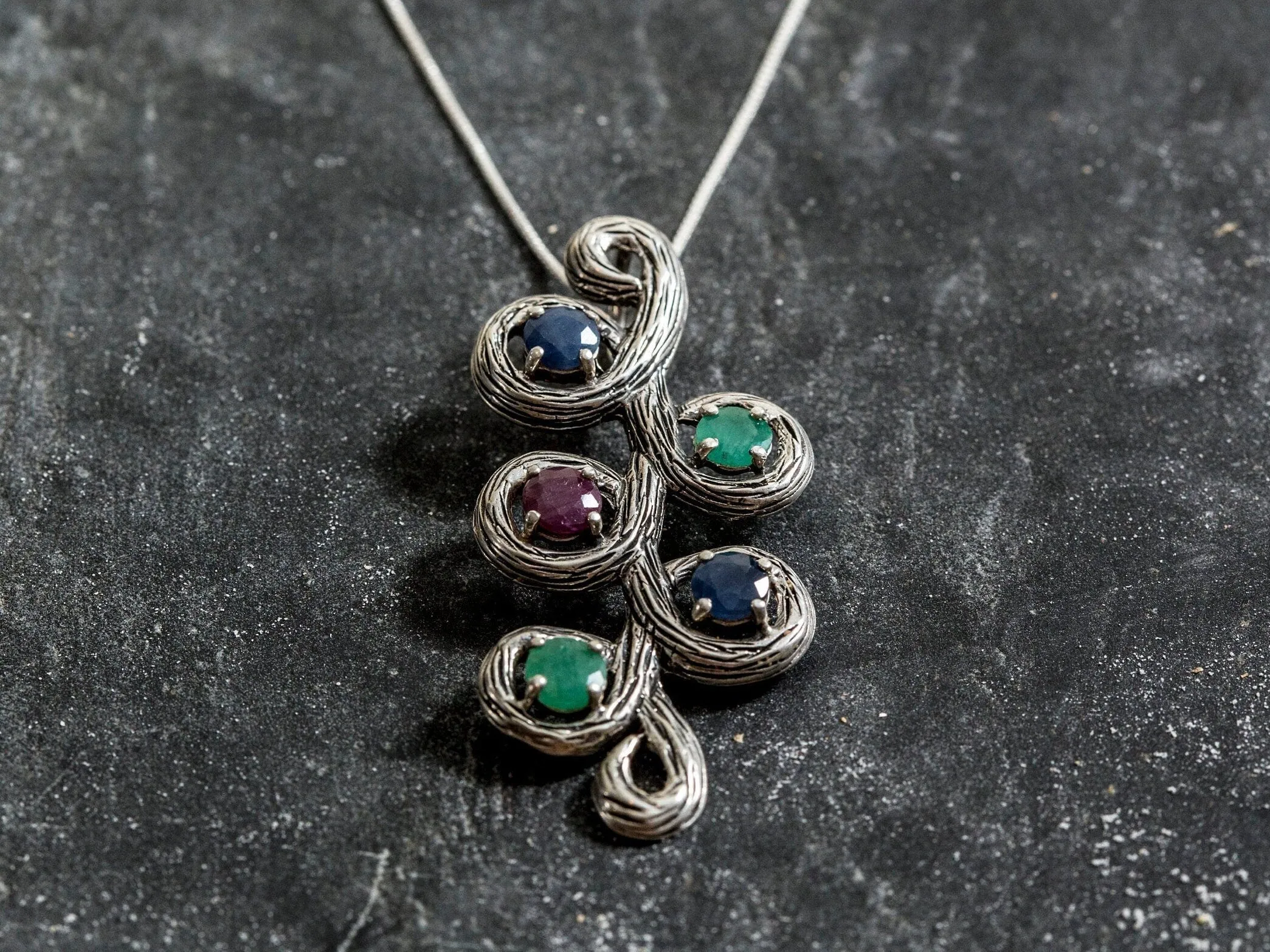 Large Emerald Necklace - Real Sapphire Pendant - Branch Statement Necklace