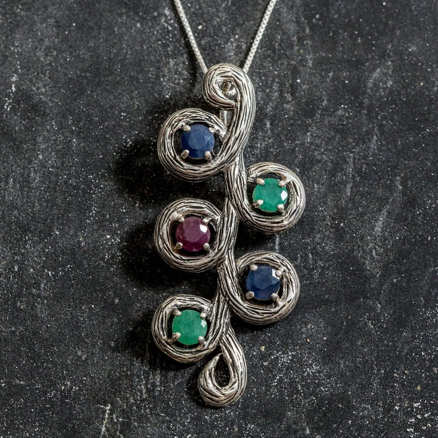 Large Emerald Necklace - Real Sapphire Pendant - Branch Statement Necklace