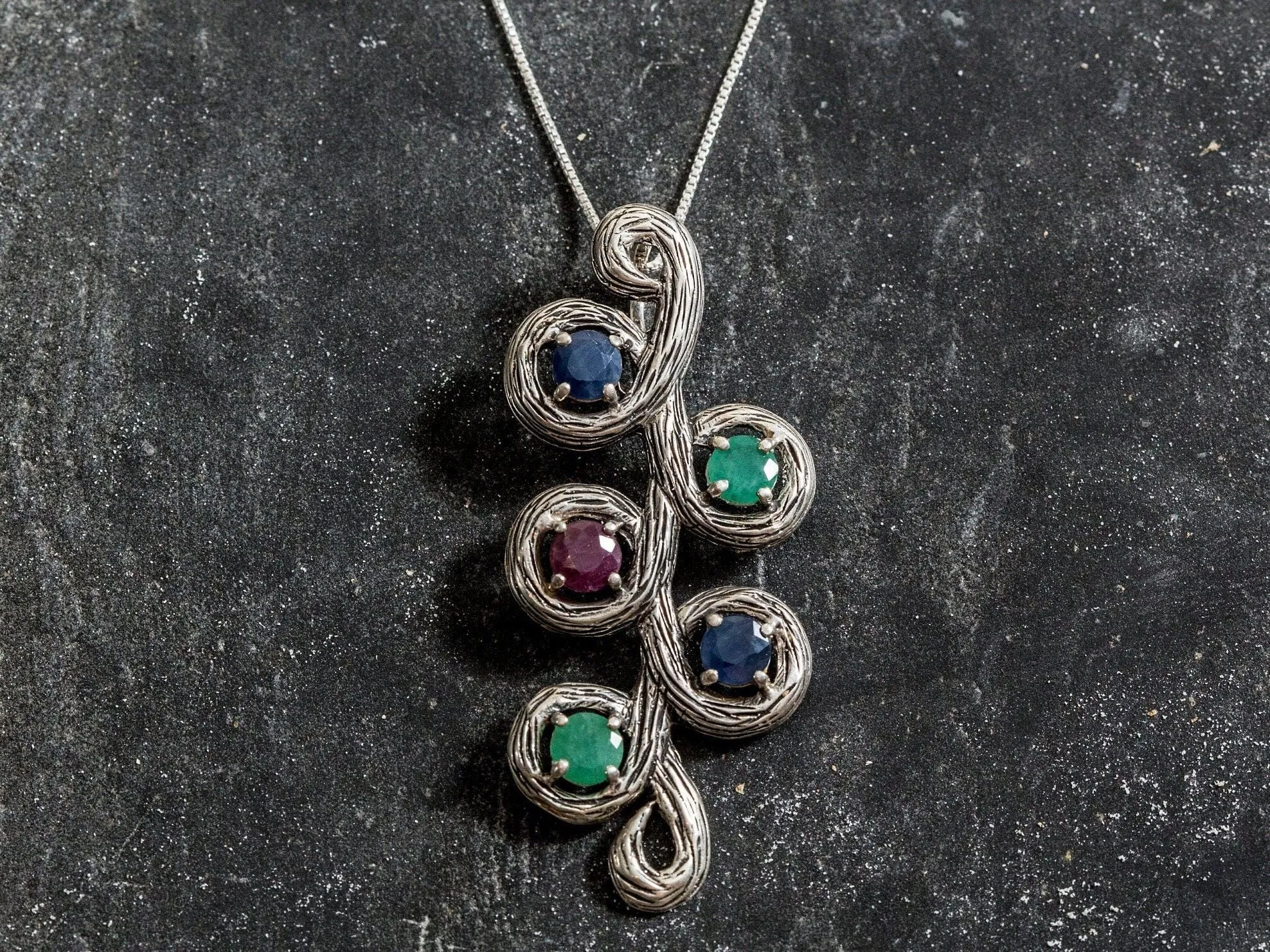 Large Emerald Necklace - Real Sapphire Pendant - Branch Statement Necklace