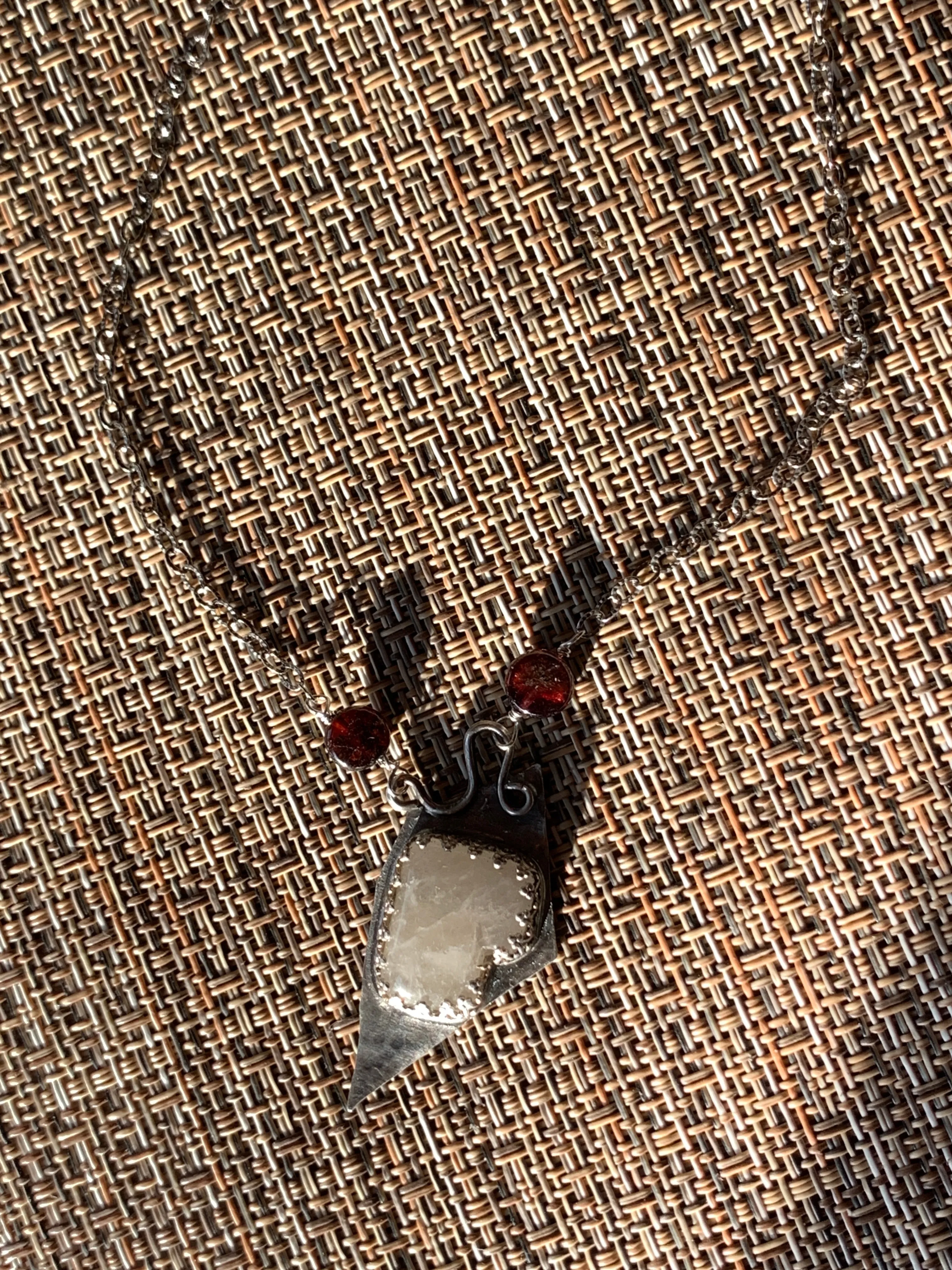 Large Sterling Silver Necklace with Quartz Crystal Stone Garnet and Moonstone Witchy Vibes Goth Handmade