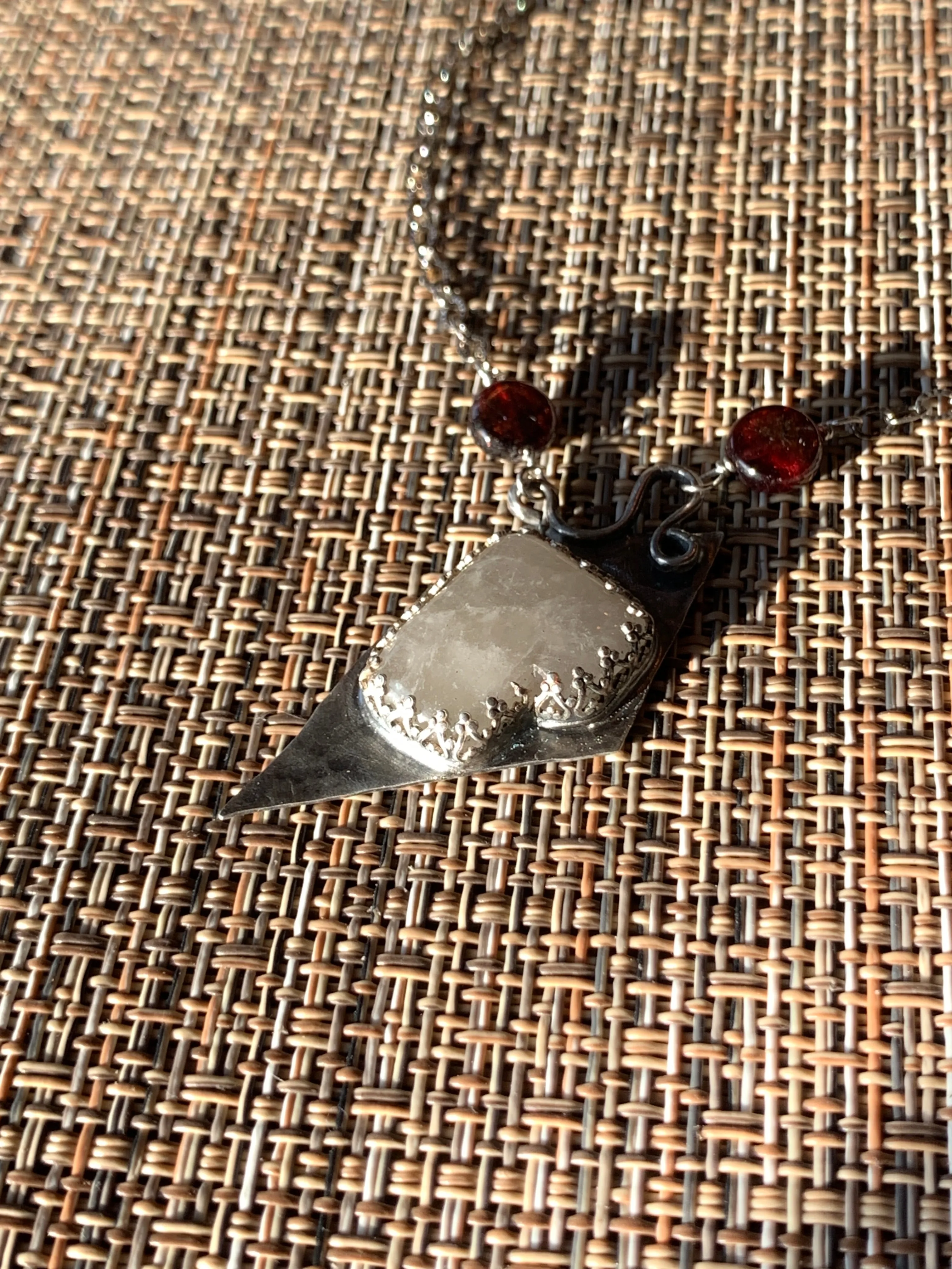 Large Sterling Silver Necklace with Quartz Crystal Stone Garnet and Moonstone Witchy Vibes Goth Handmade
