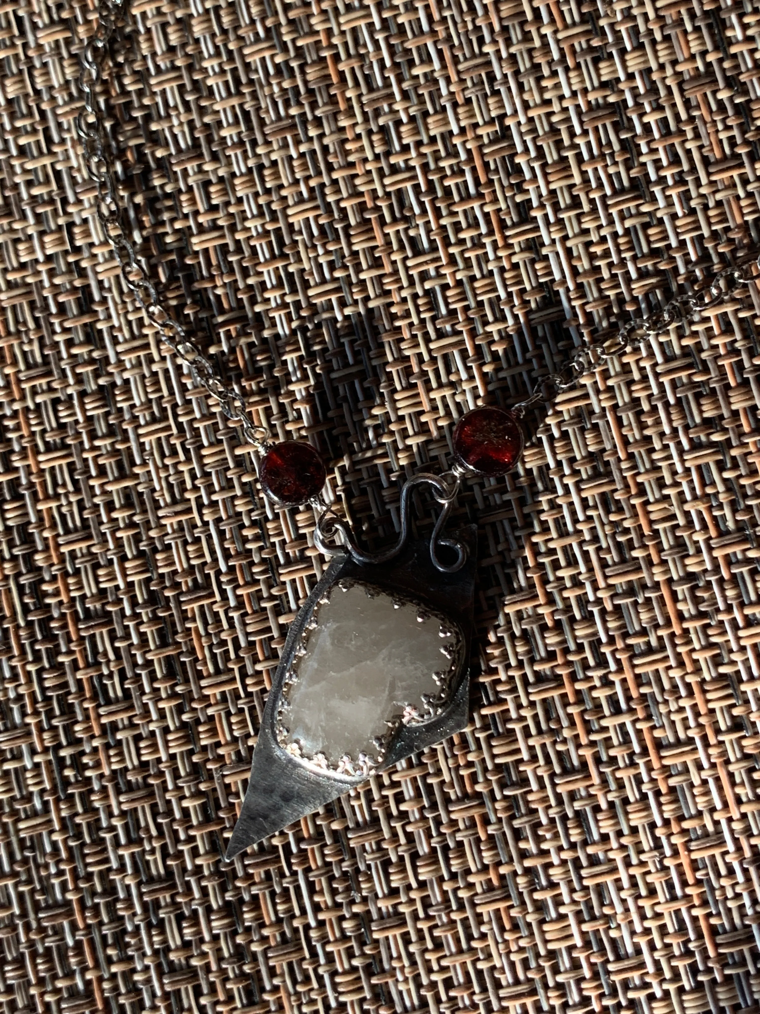 Large Sterling Silver Necklace with Quartz Crystal Stone Garnet and Moonstone Witchy Vibes Goth Handmade