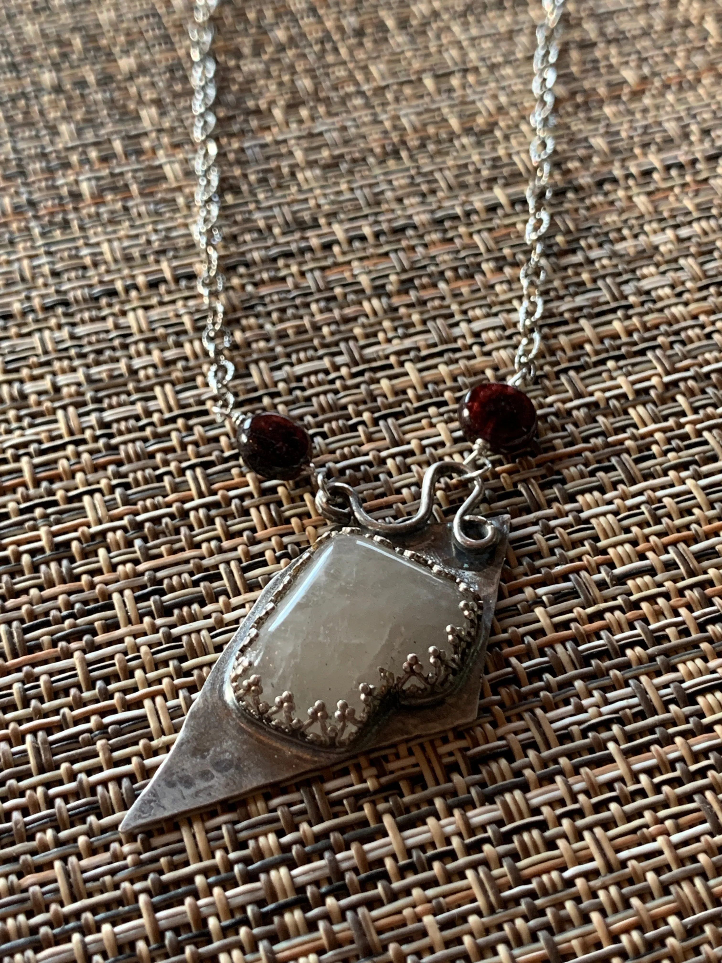 Large Sterling Silver Necklace with Quartz Crystal Stone Garnet and Moonstone Witchy Vibes Goth Handmade