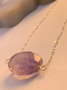 LargeHuge Faceted Polished Amethyst Minimalist Simple Stone Sterling Silver Necklace
