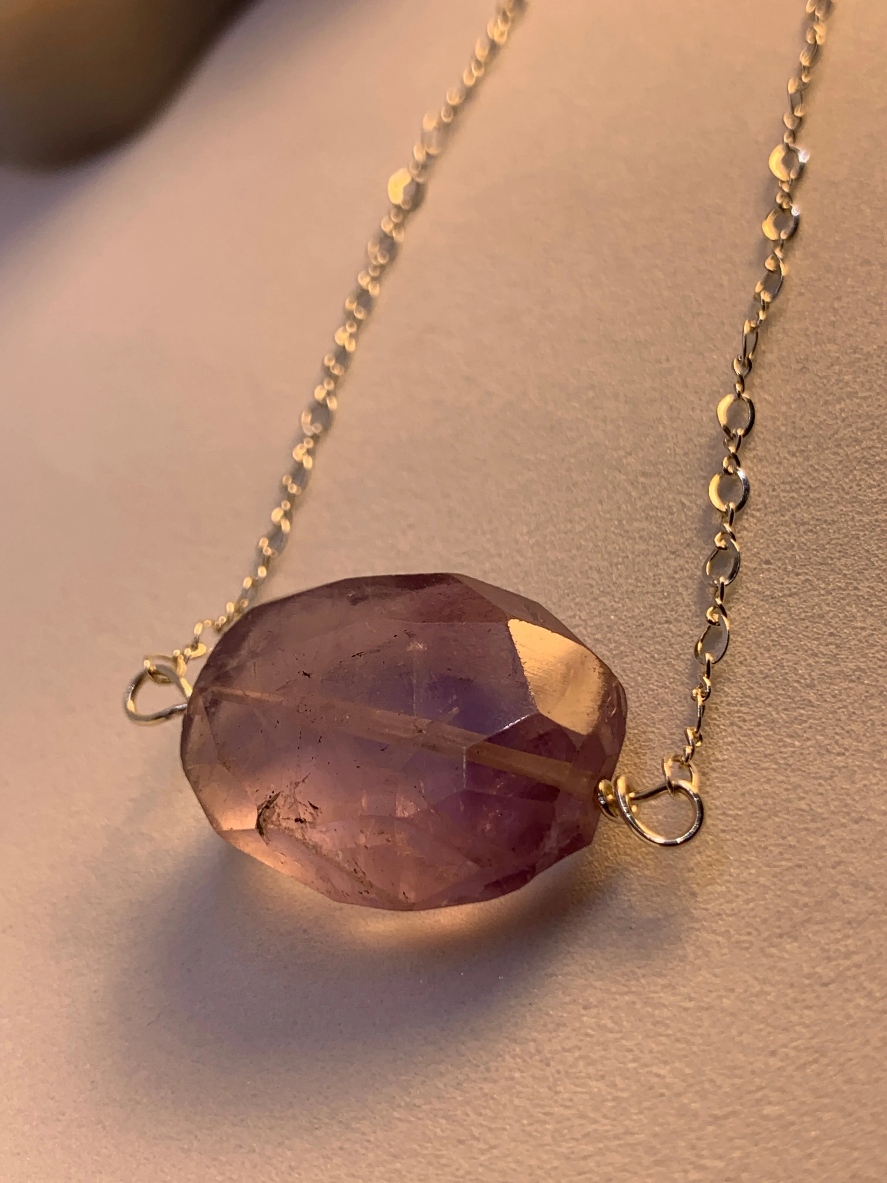 LargeHuge Faceted Polished Amethyst Minimalist Simple Stone Sterling Silver Necklace