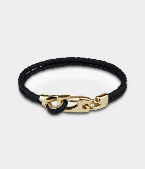 Leather Snap Twist Bracelet / 9 Carat Yellow Gold / Round Black Woven Leather