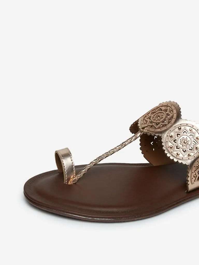 LUNA BLU Rose Gold Laser-Cut Kolhapuri Sandals