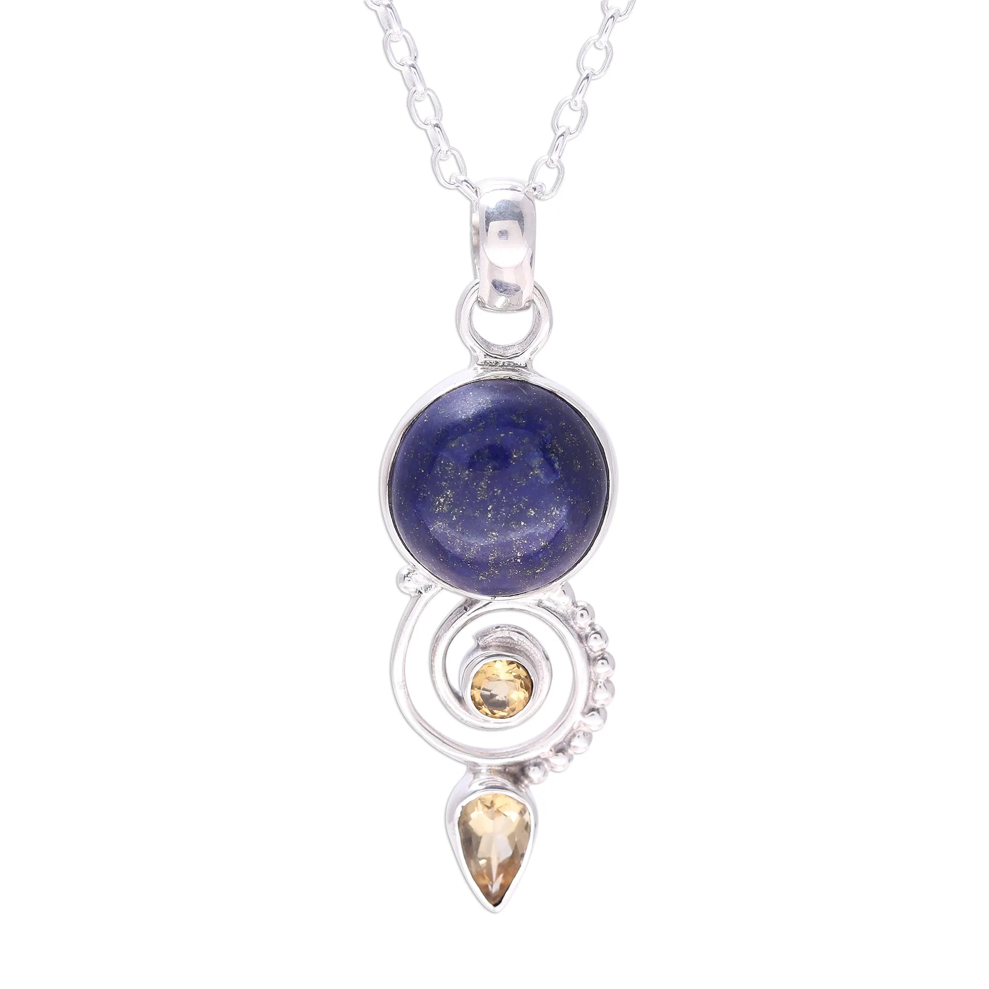 Majestic Spiral Citrine and Lapis Lazuli Spiral Necklace from India