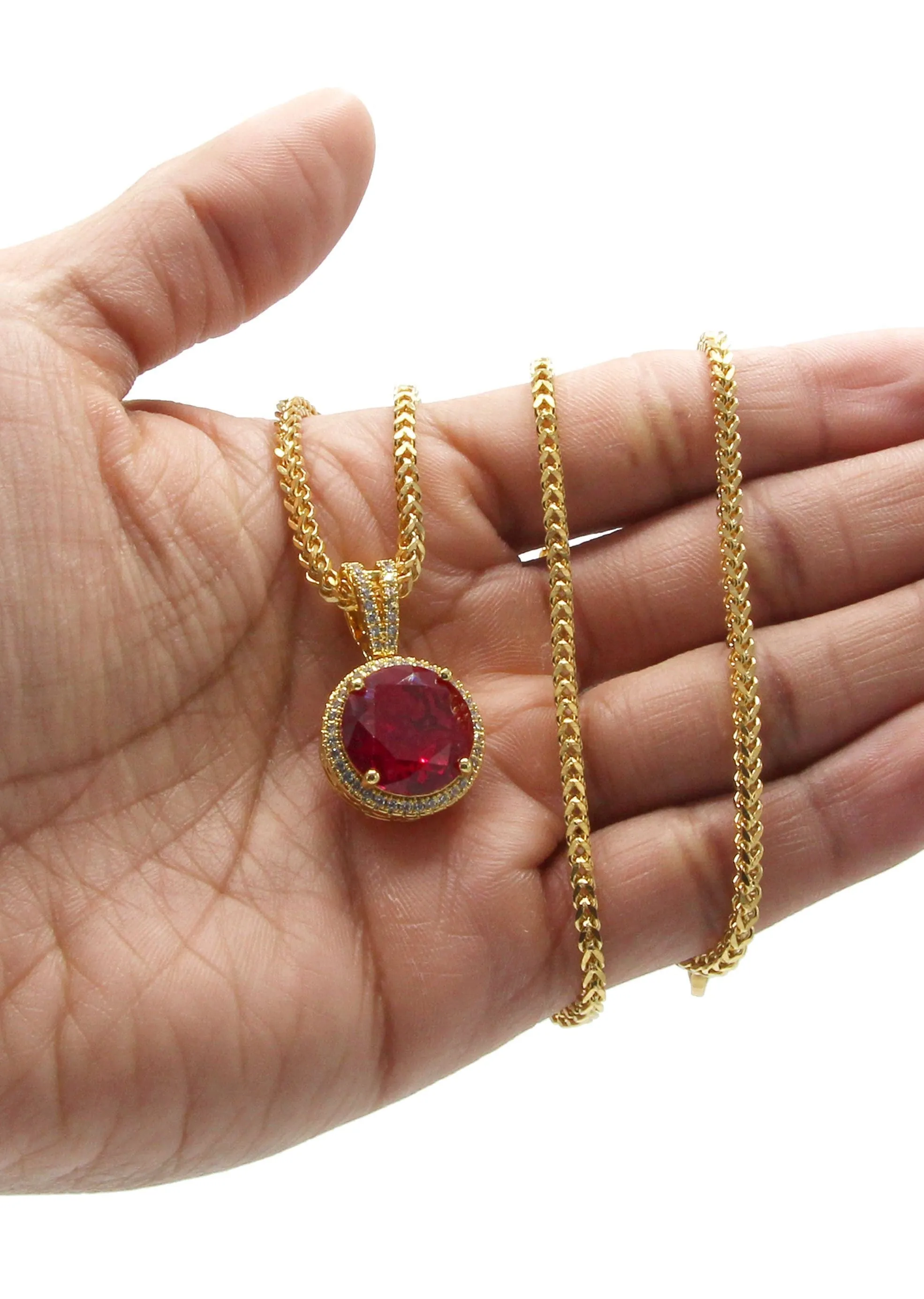 Mens Gold Plated Franco Chain & Ruby Pendant | Appx. 15.4 Grams