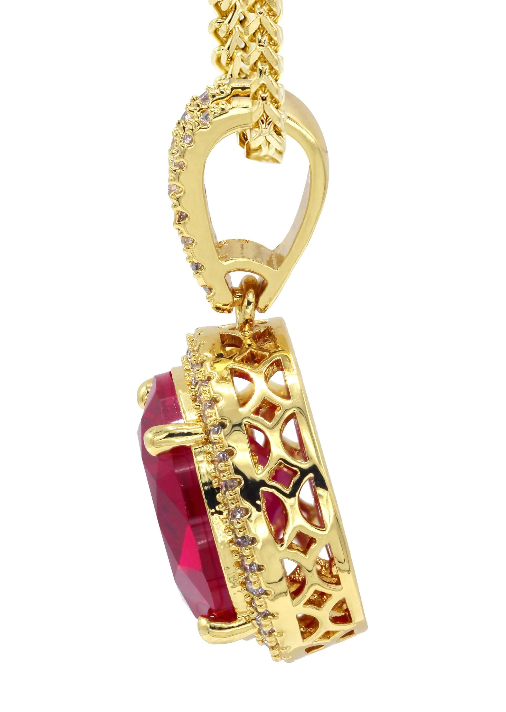 Mens Gold Plated Franco Chain & Ruby Pendant | Appx. 15.4 Grams