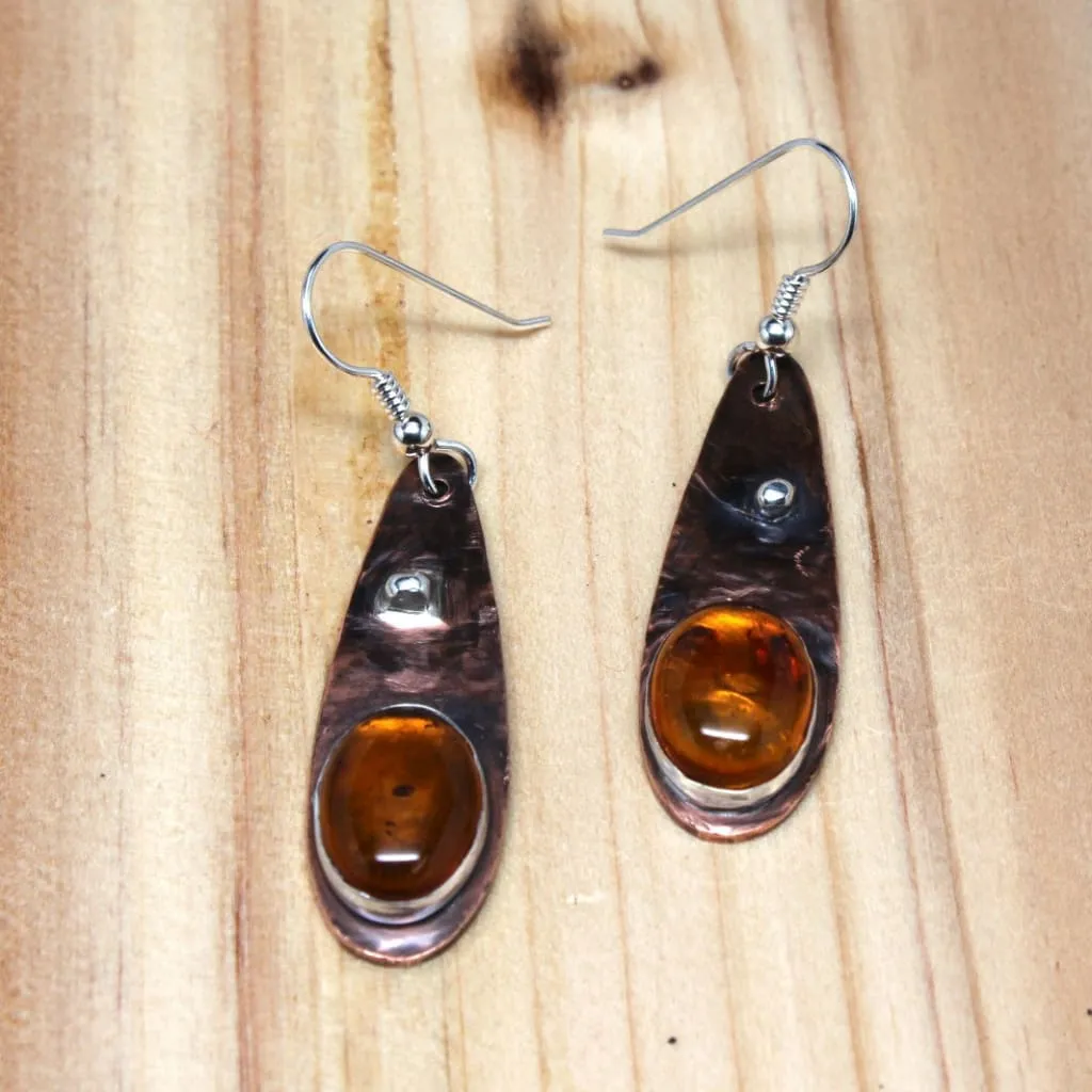 Mixed Metal Copper and Argentium Teardrop Earrings with Amber Accents