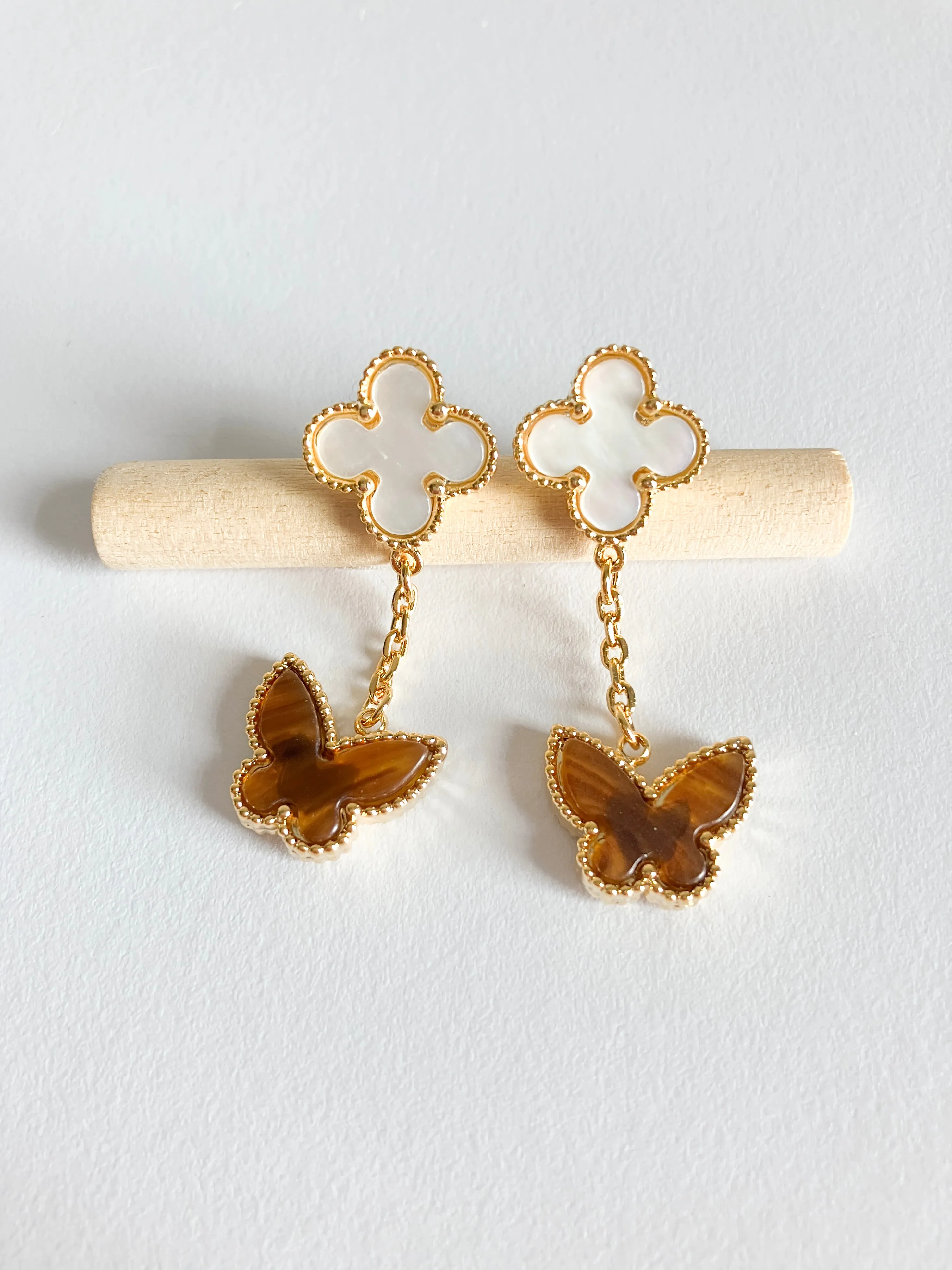Mother of Pearl Quatrefoil and Amber Butterfly Drop Earrings in Gold