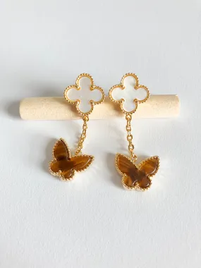 Mother of Pearl Quatrefoil and Amber Butterfly Drop Earrings in Gold