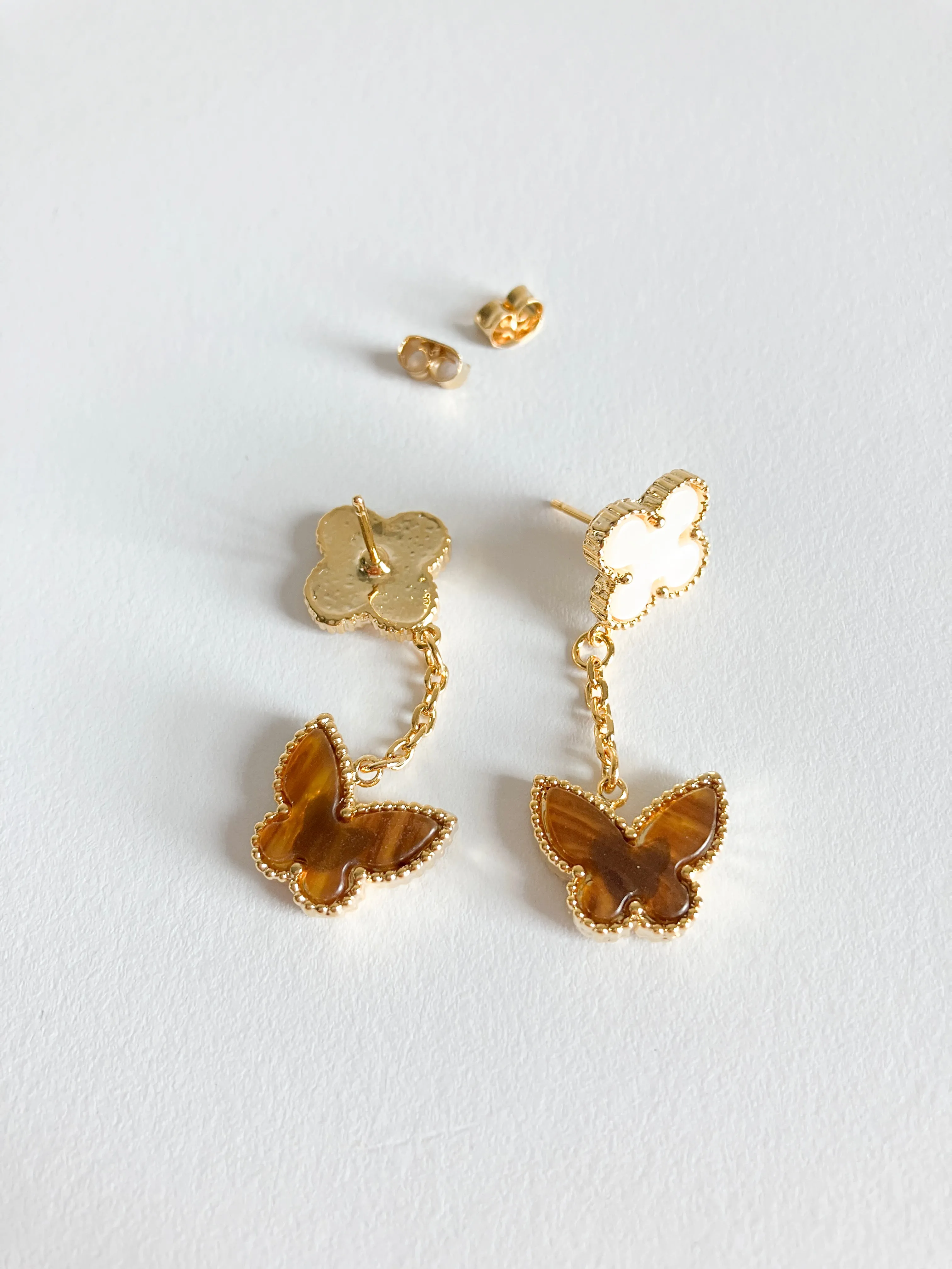 Mother of Pearl Quatrefoil and Amber Butterfly Drop Earrings in Gold