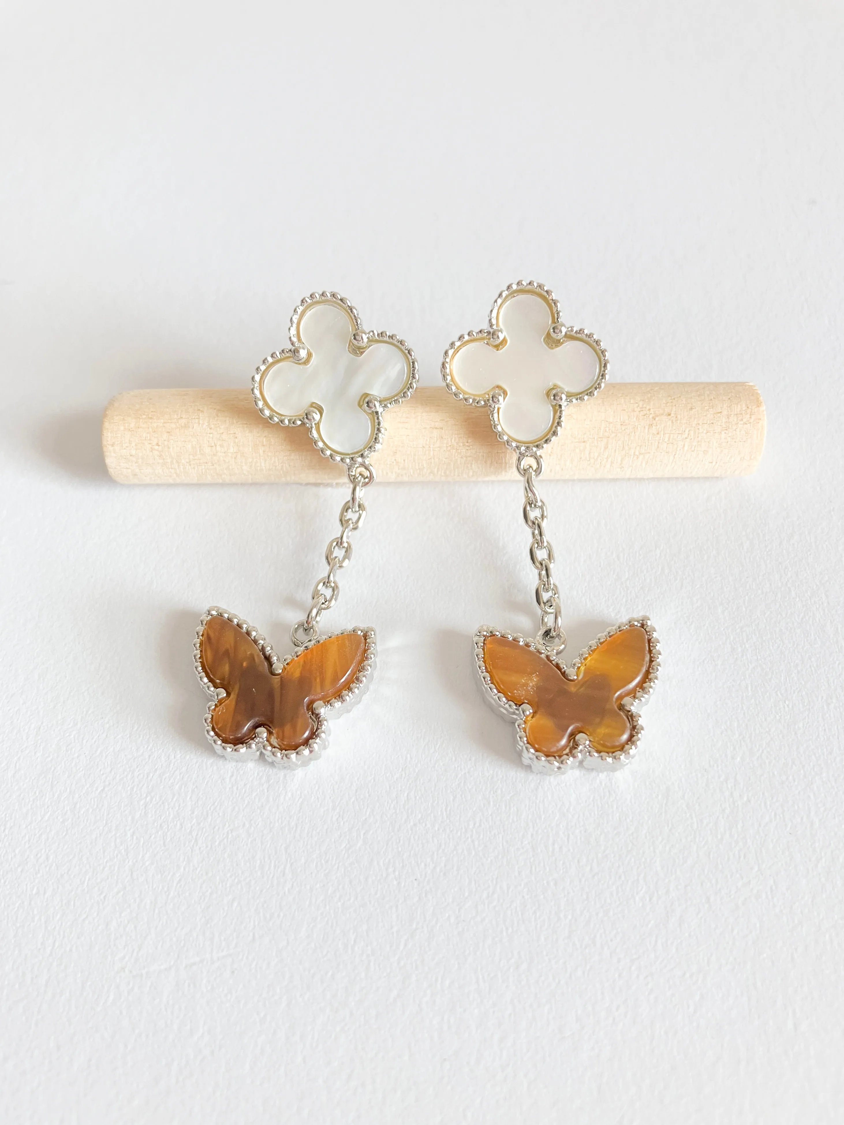 Mother of Pearl Quatrefoil and Amber Butterfly Drop Earrings in Silver