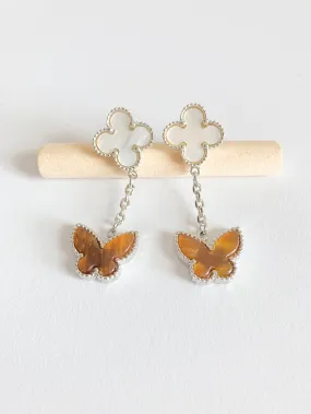 Mother of Pearl Quatrefoil and Amber Butterfly Drop Earrings in Silver