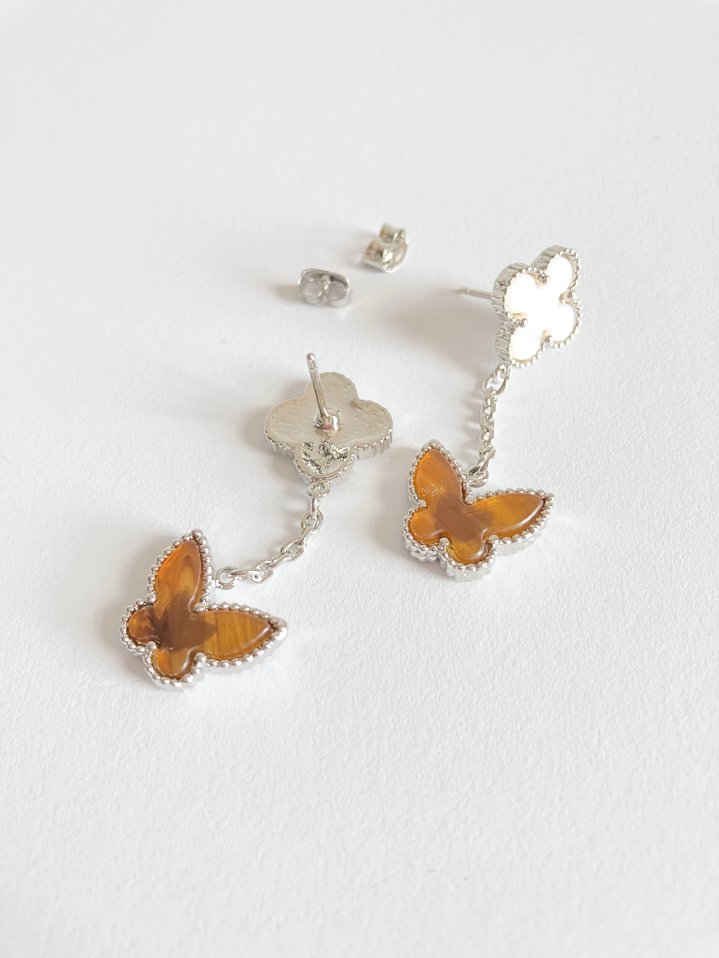 Mother of Pearl Quatrefoil and Amber Butterfly Drop Earrings in Silver