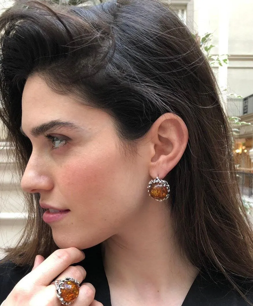 Natural Amber Earrings - Large Yellow Earrings - Vintage Heavy Earrings