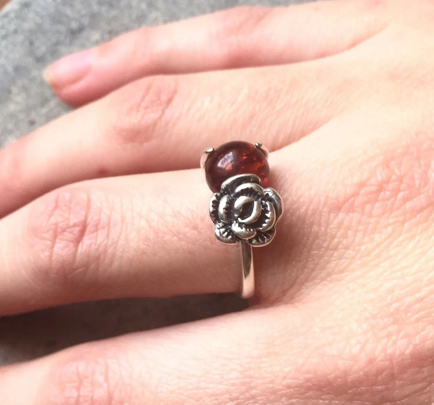 Natural Amber Ring - Yellow Rose Ring - Vintage Flower Ring