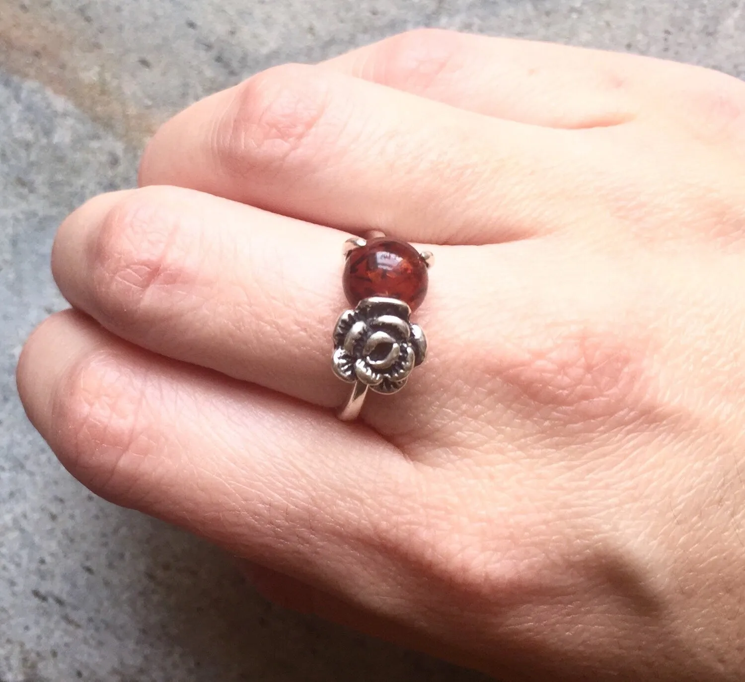 Natural Amber Ring - Yellow Rose Ring - Vintage Flower Ring