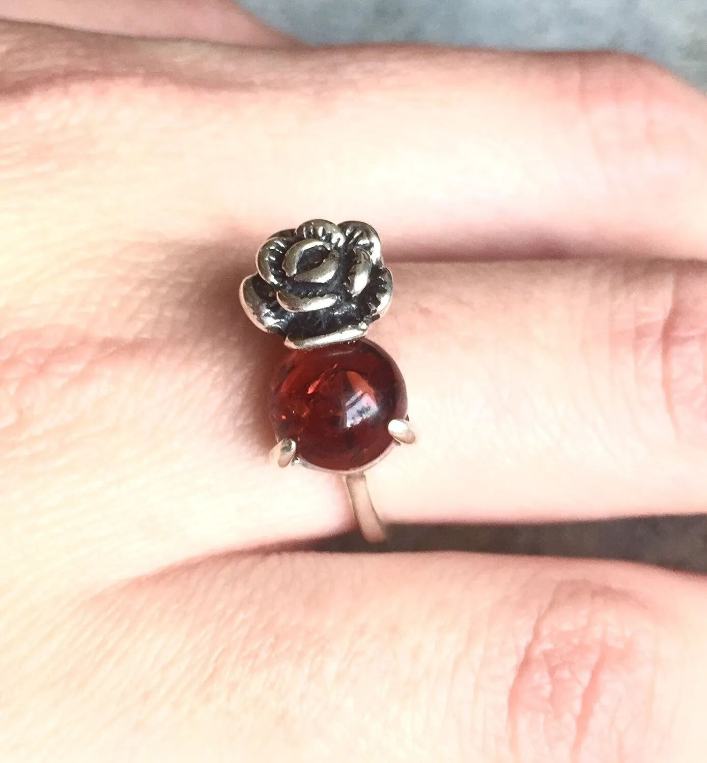 Natural Amber Ring - Yellow Rose Ring - Vintage Flower Ring