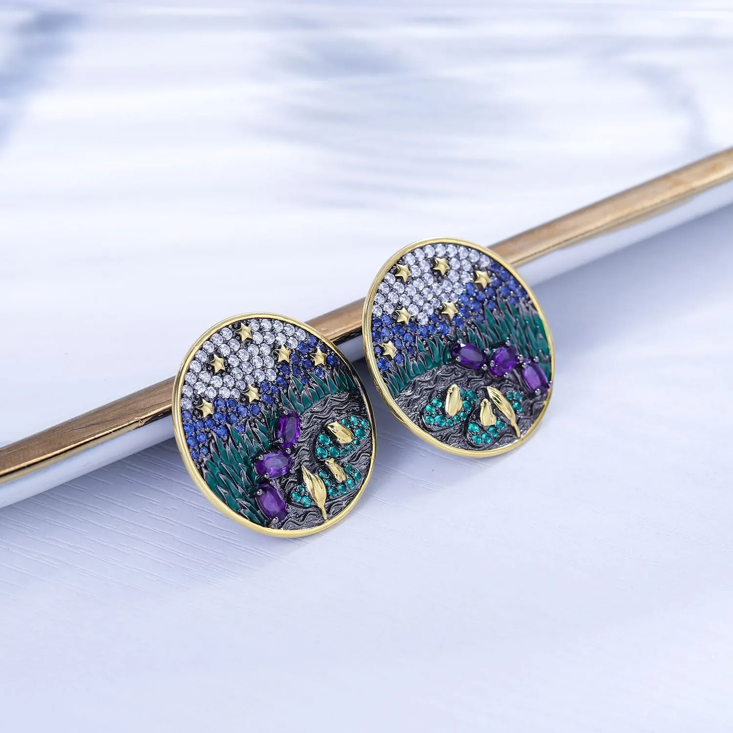 Natural Amethyst Circle Sterling Silver Studs for Women