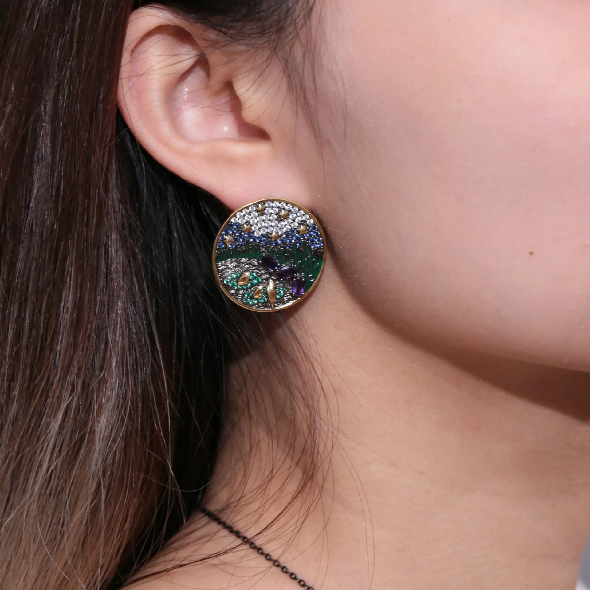 Natural Amethyst Circle Sterling Silver Studs for Women