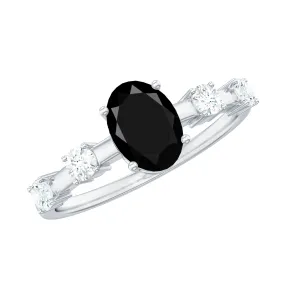 Oval Cut Black Diamond Solitaire Ring with Spaced Diamond