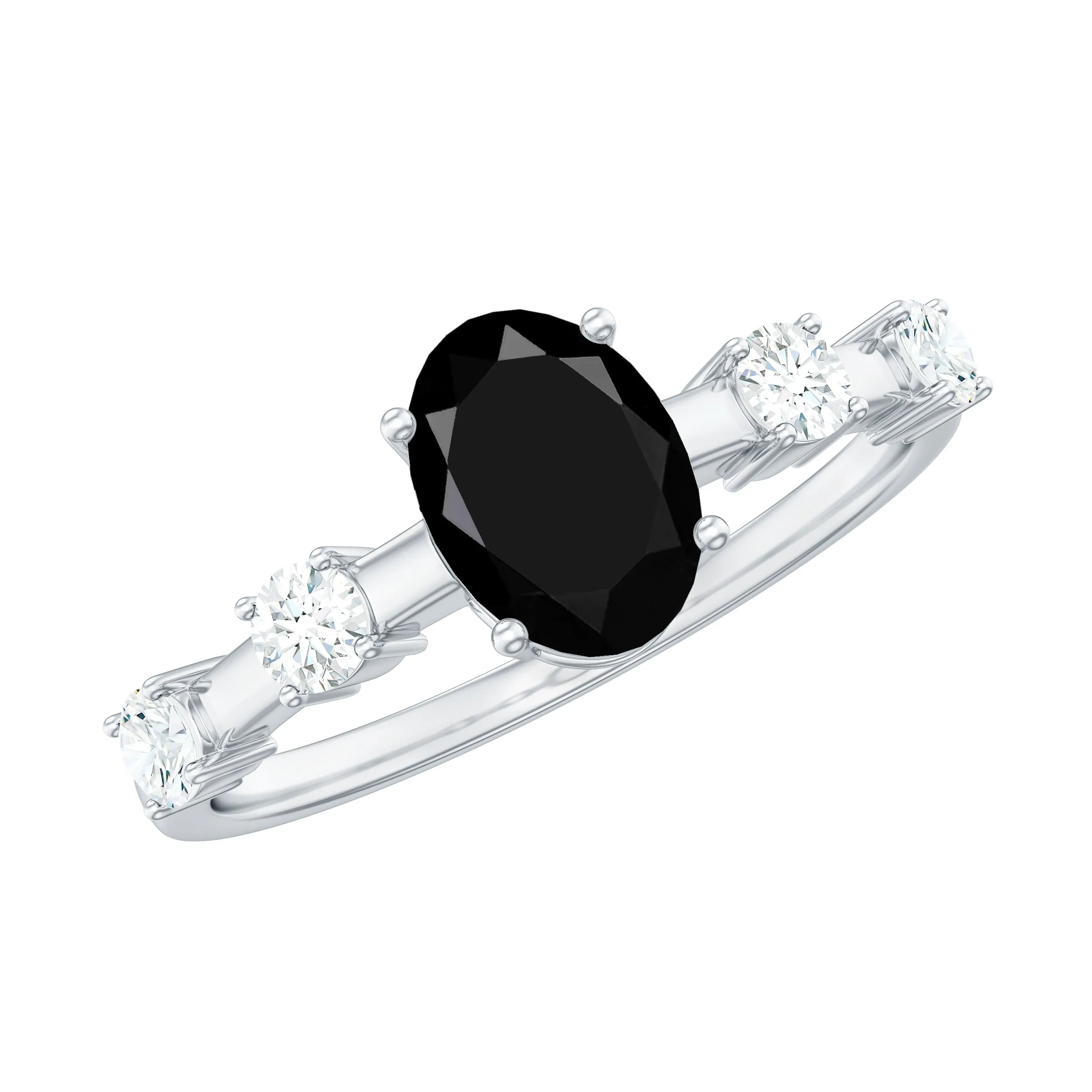 Oval Cut Black Diamond Solitaire Ring with Spaced Diamond