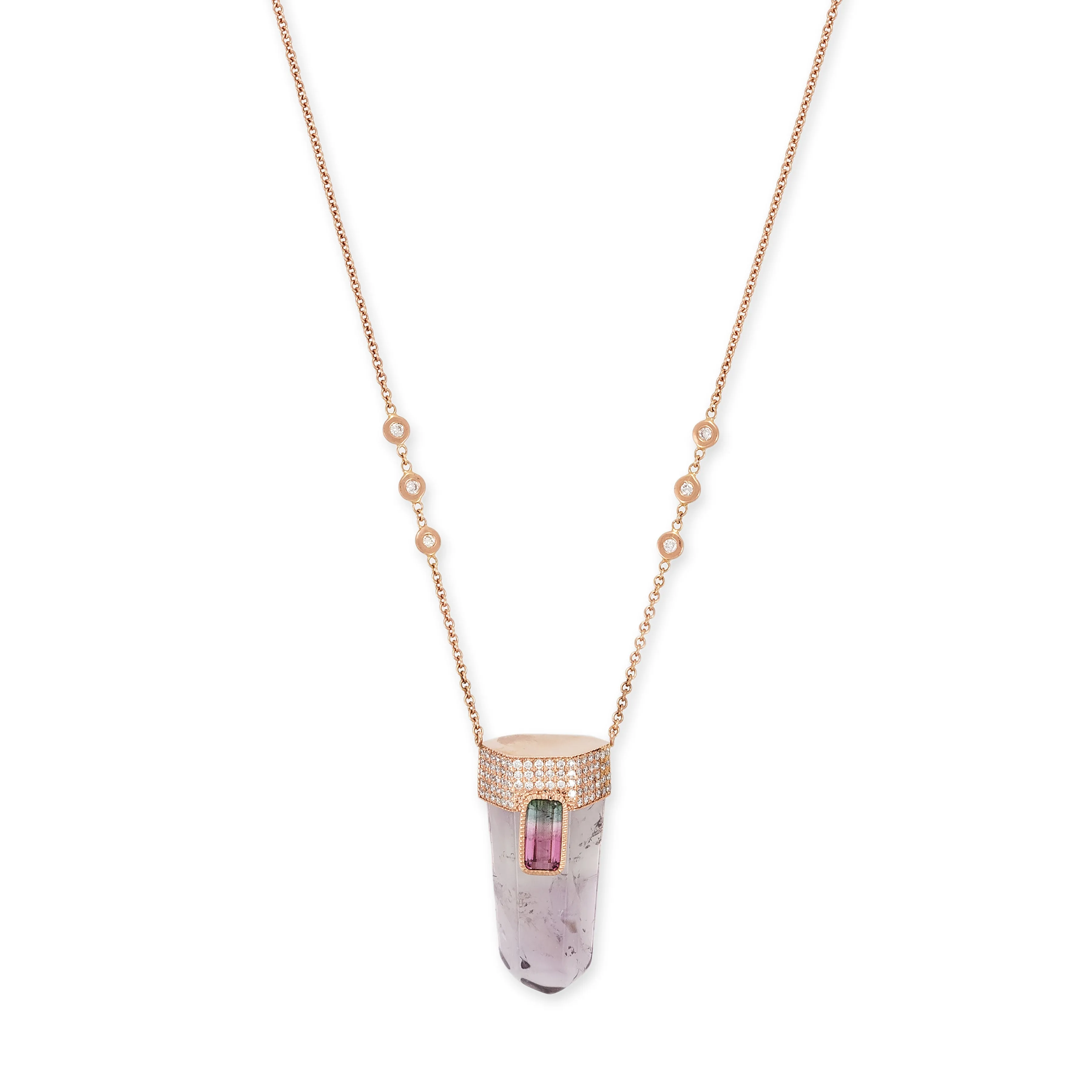 PAVE TOURMALINE CAP   AMETHYST CRYSTAL NECKLACE