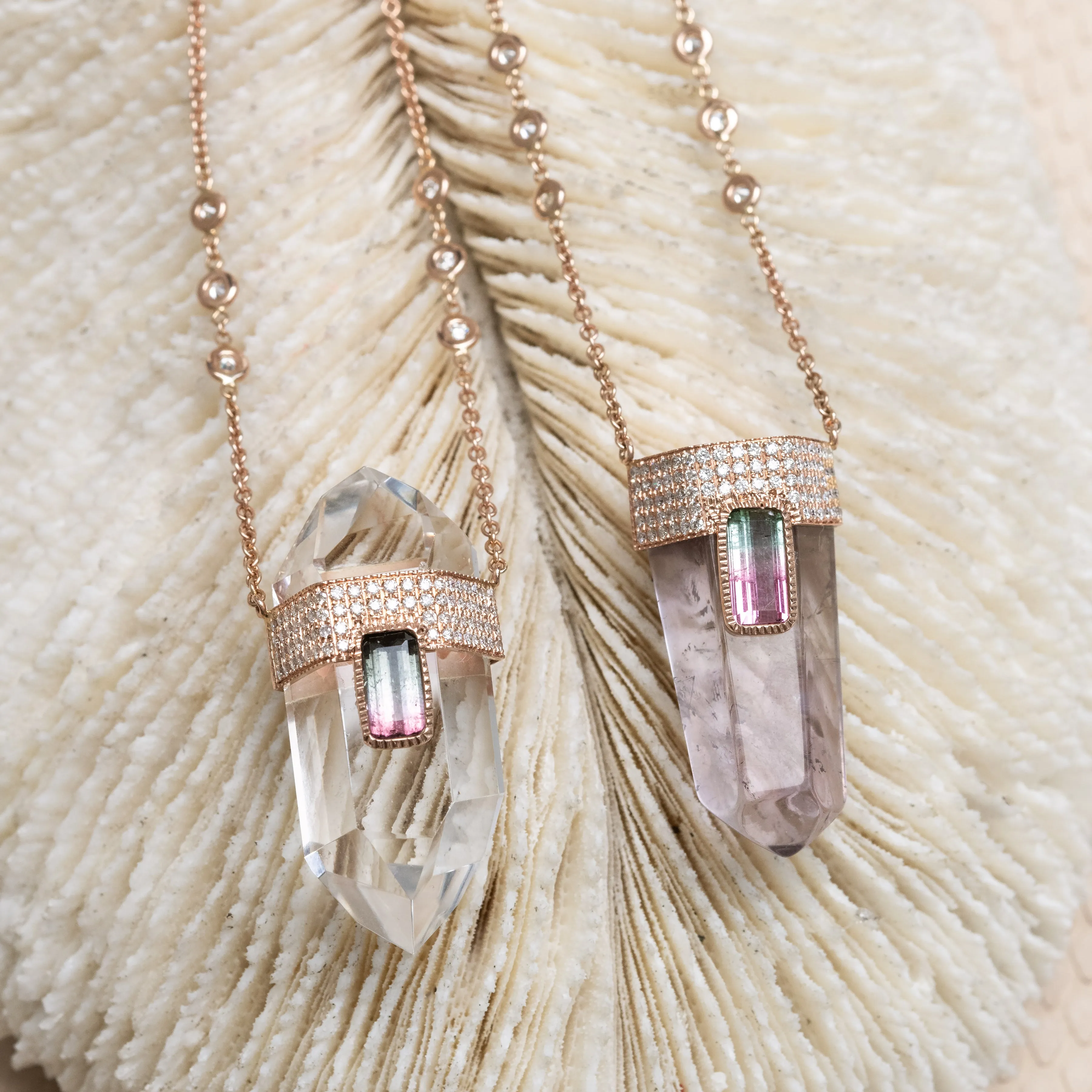 PAVE TOURMALINE CAP   AMETHYST CRYSTAL NECKLACE