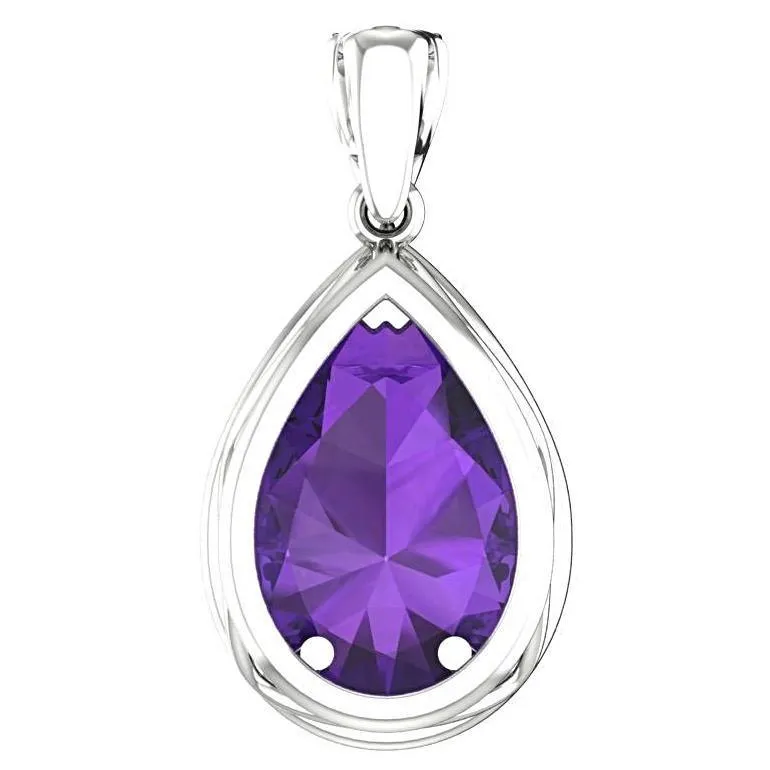 Pear Shaped Amethyst and 0.35c Diamond Halo Pendant Necklace 14K White Gold