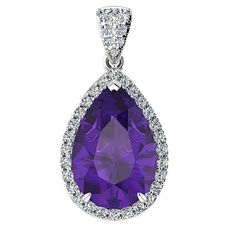 Pear Shaped Amethyst and 0.35c Diamond Halo Pendant Necklace 14K White Gold