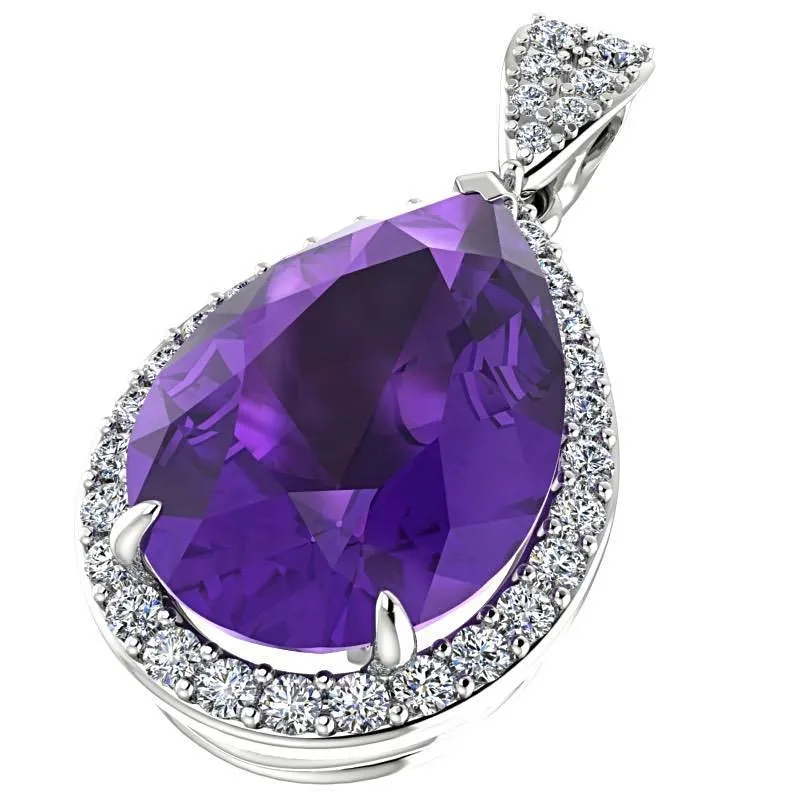 Pear Shaped Amethyst and 0.35c Diamond Halo Pendant Necklace 14K White Gold