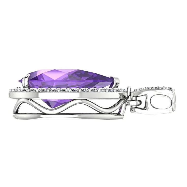 Pear Shaped Amethyst and 0.35c Diamond Halo Pendant Necklace 14K White Gold