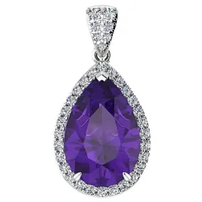 Pear Shaped Amethyst and 0.35c Diamond Halo Pendant Necklace 14K White Gold