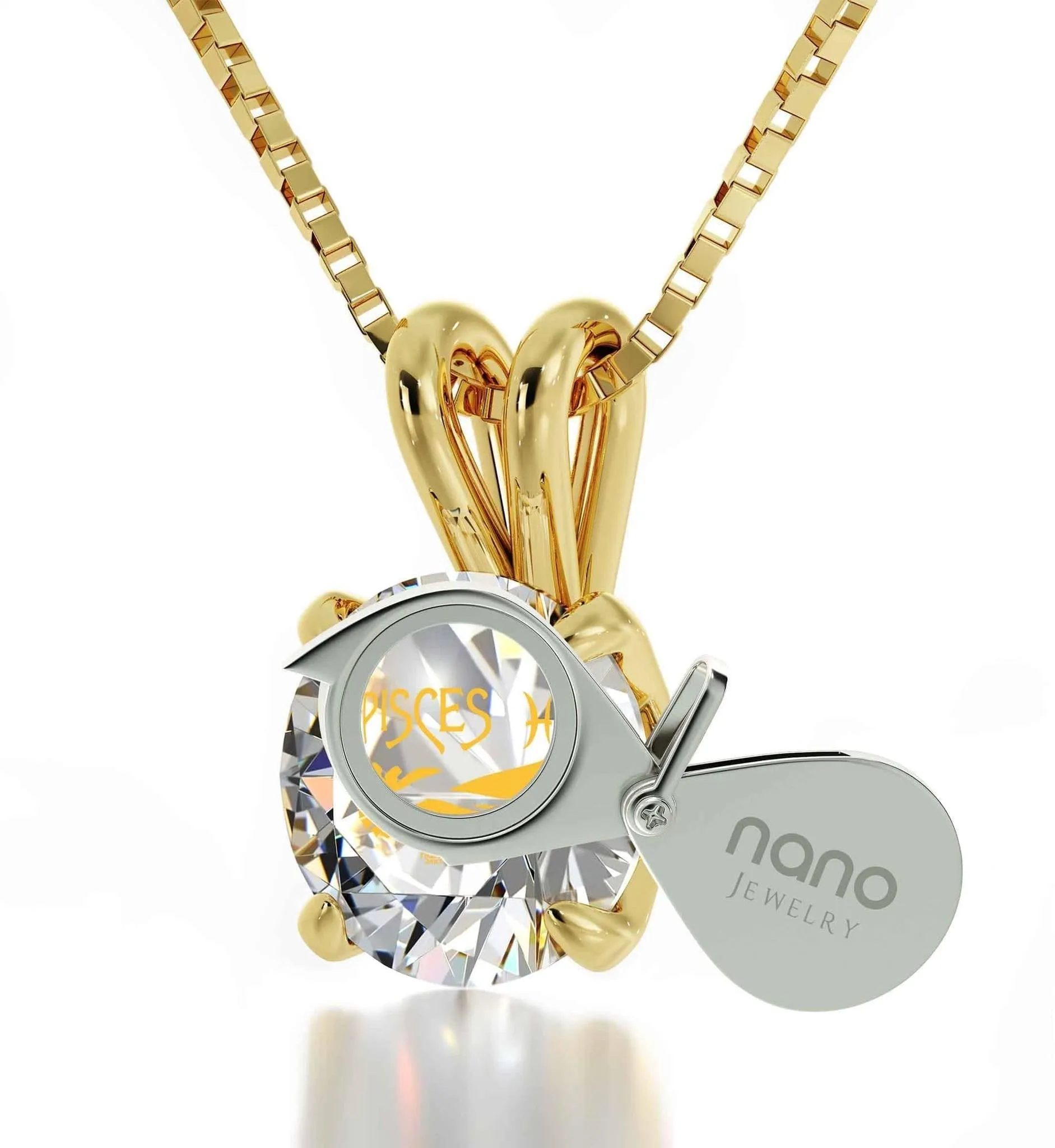 Pisces Sign, 14k Gold Necklace, Swarovski