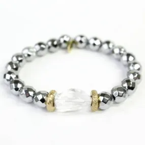 Platinum Hematite   Framed Clear Quartz Bracelet