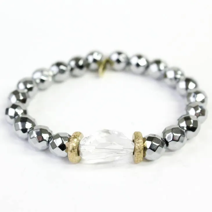 Platinum Hematite   Framed Clear Quartz Bracelet